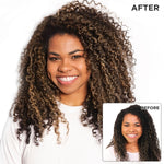 Smiling woman with fuller curls, showcasing Coconut Oil Shampoo results.