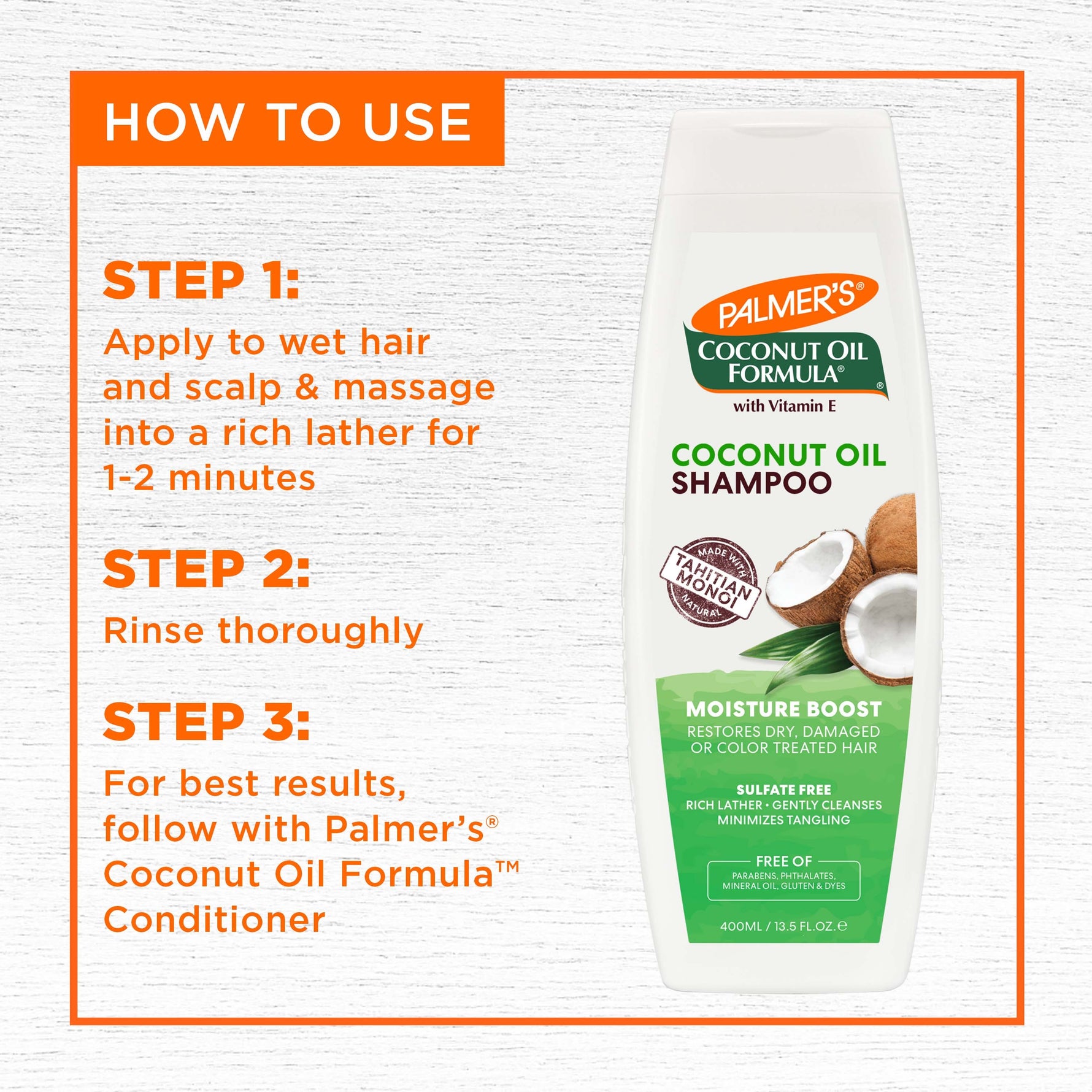 Palmer’s Coconut Oil Shampoo display with usage steps and benefits.
