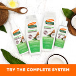 Palmer's Coconut Oil Shampoo with tropical elements and product range.