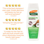 Palmer’s Coconut Oil Shampoo bottle with user reviews and coconut imagery.
