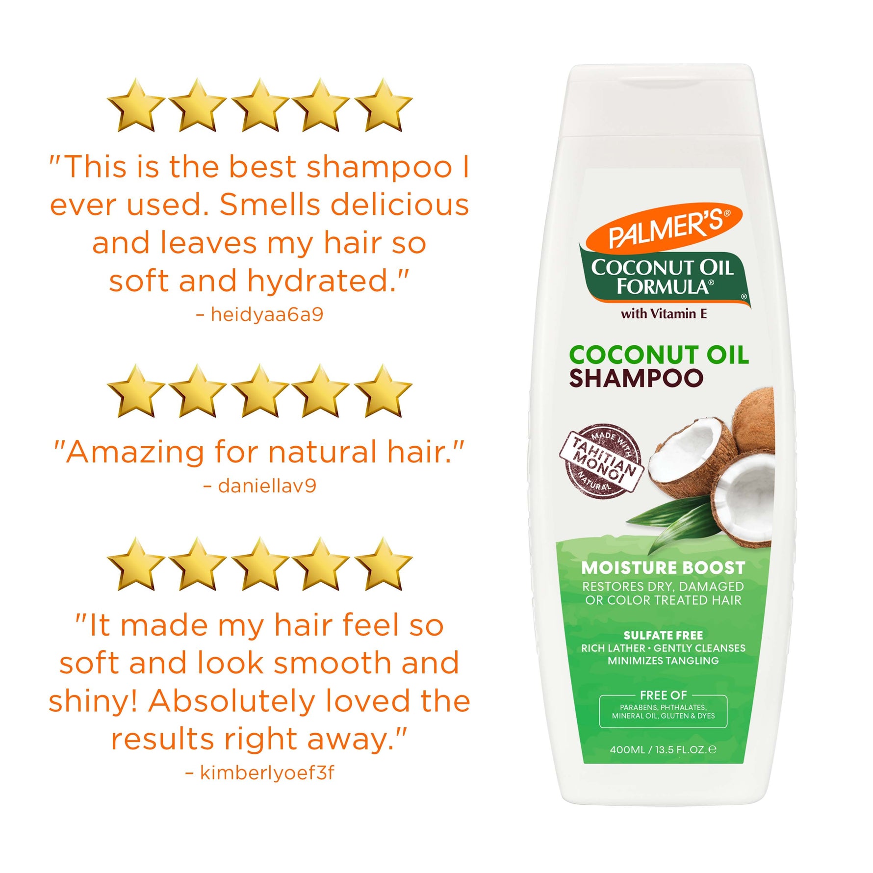 Palmer’s Coconut Oil Shampoo bottle with user reviews and coconut imagery.