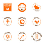 Coconut Oil Shampoo features nine eco-friendly benefit badges.