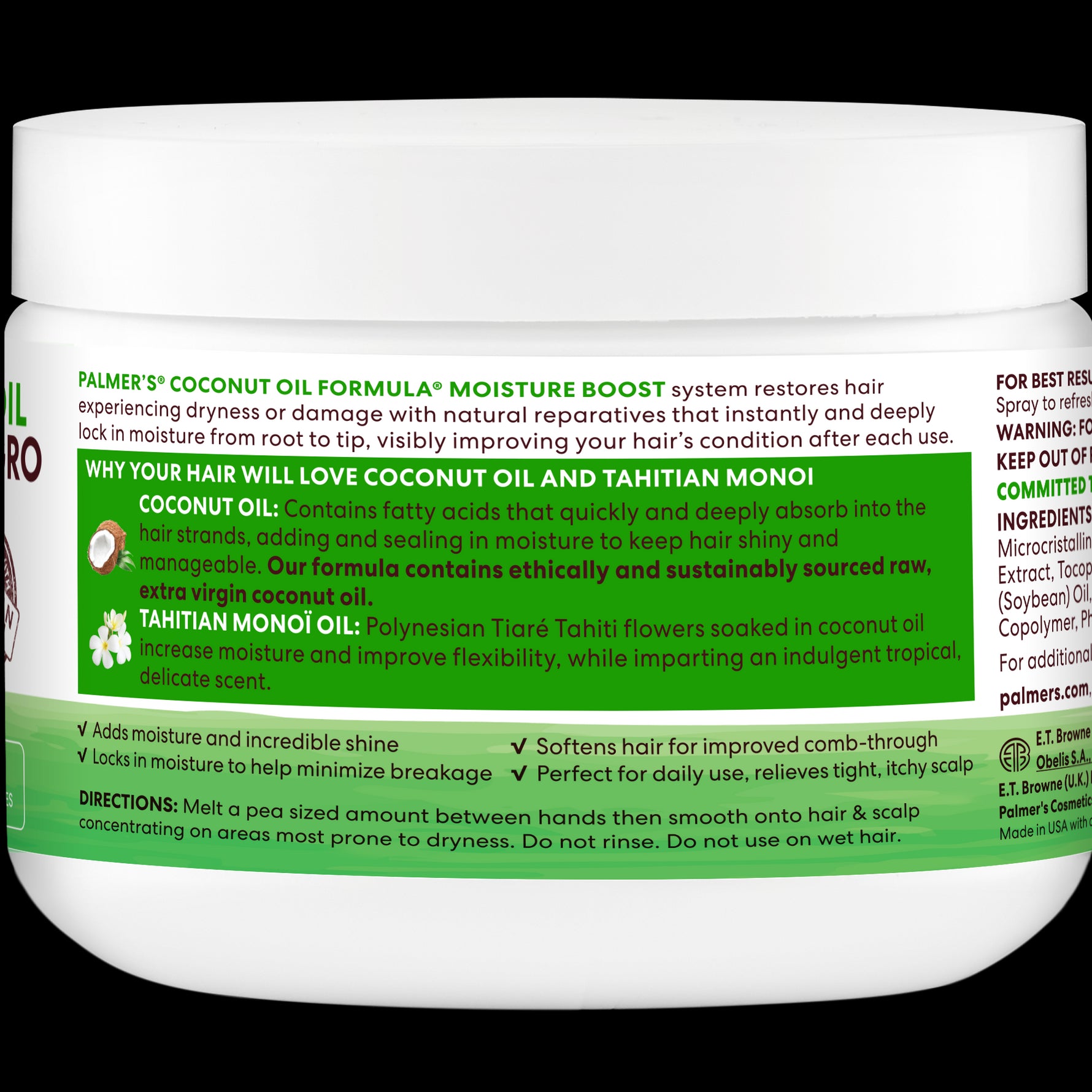 Coconut Oil Gro Treatment back label detailing benefits and usage directions.