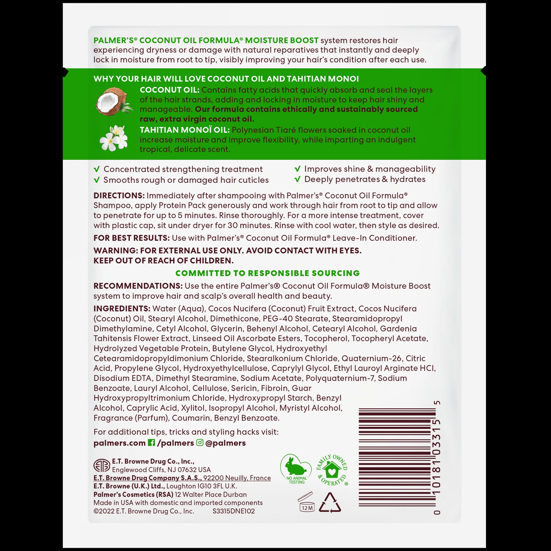 Coconut Oil Protein Pack back panel detailing benefits, usage, and ingredients.