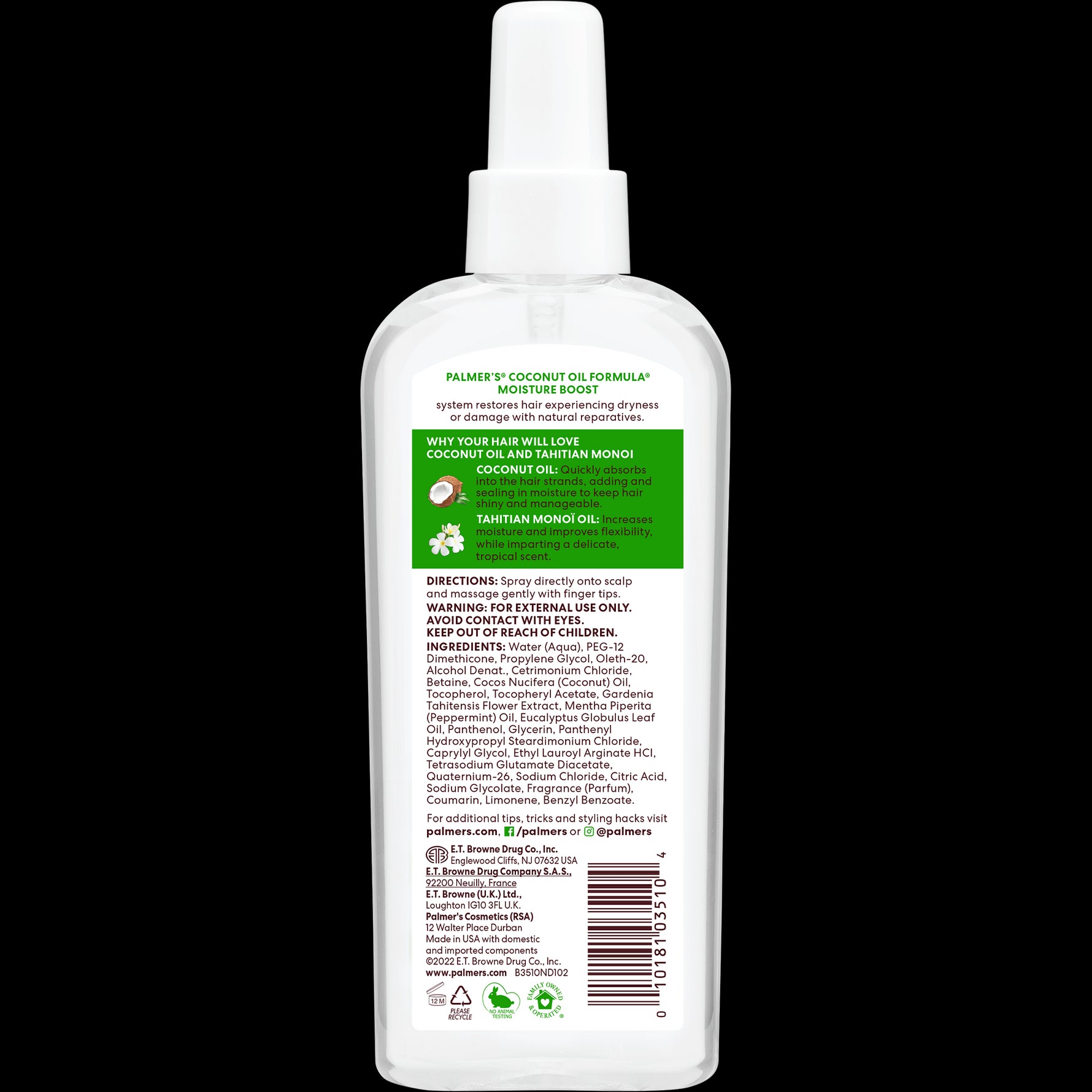 Coconut Oil Strong Roots Spray back label with instructions and ingredients.