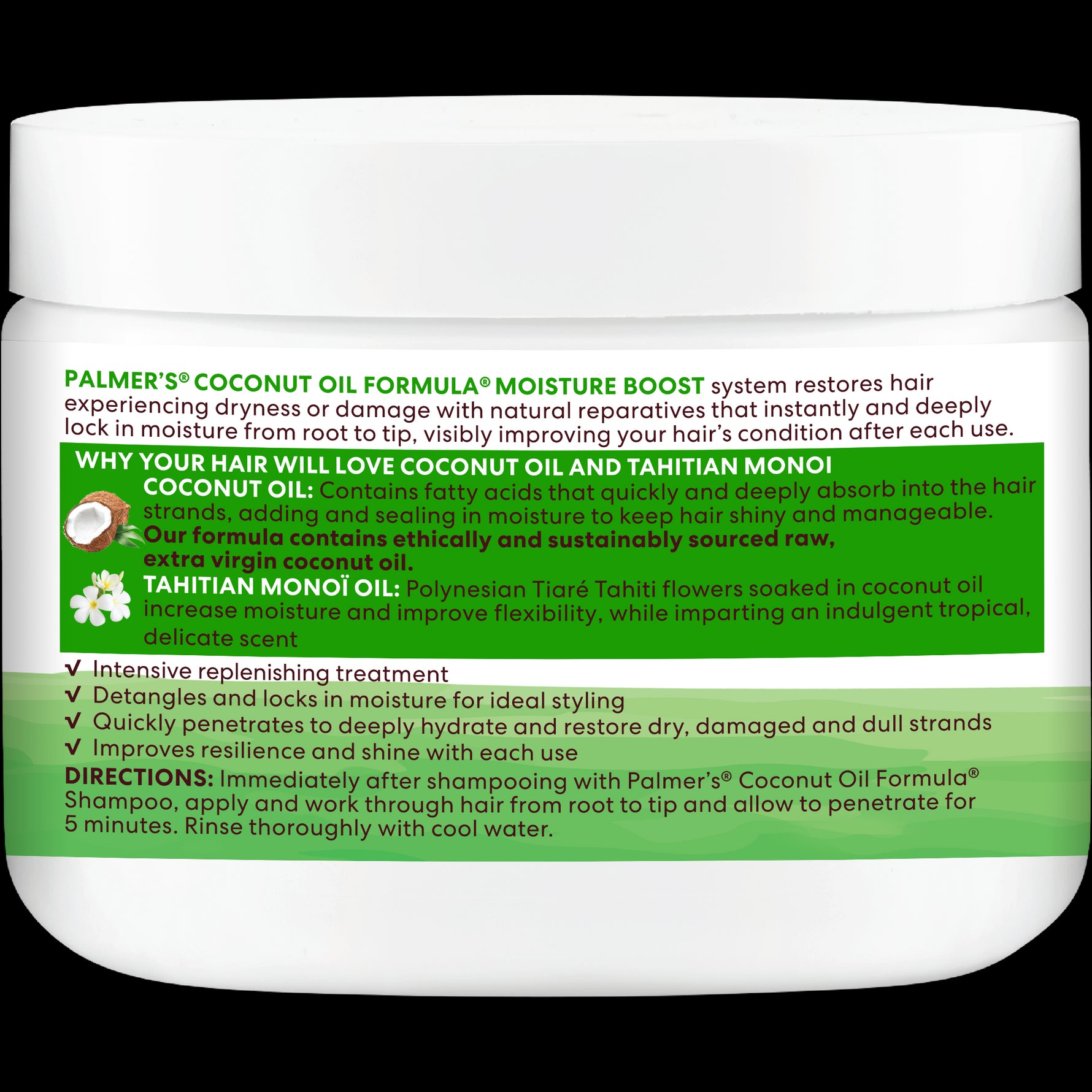 Moisture Boost Deep Conditioner back label detailing benefits and usage.