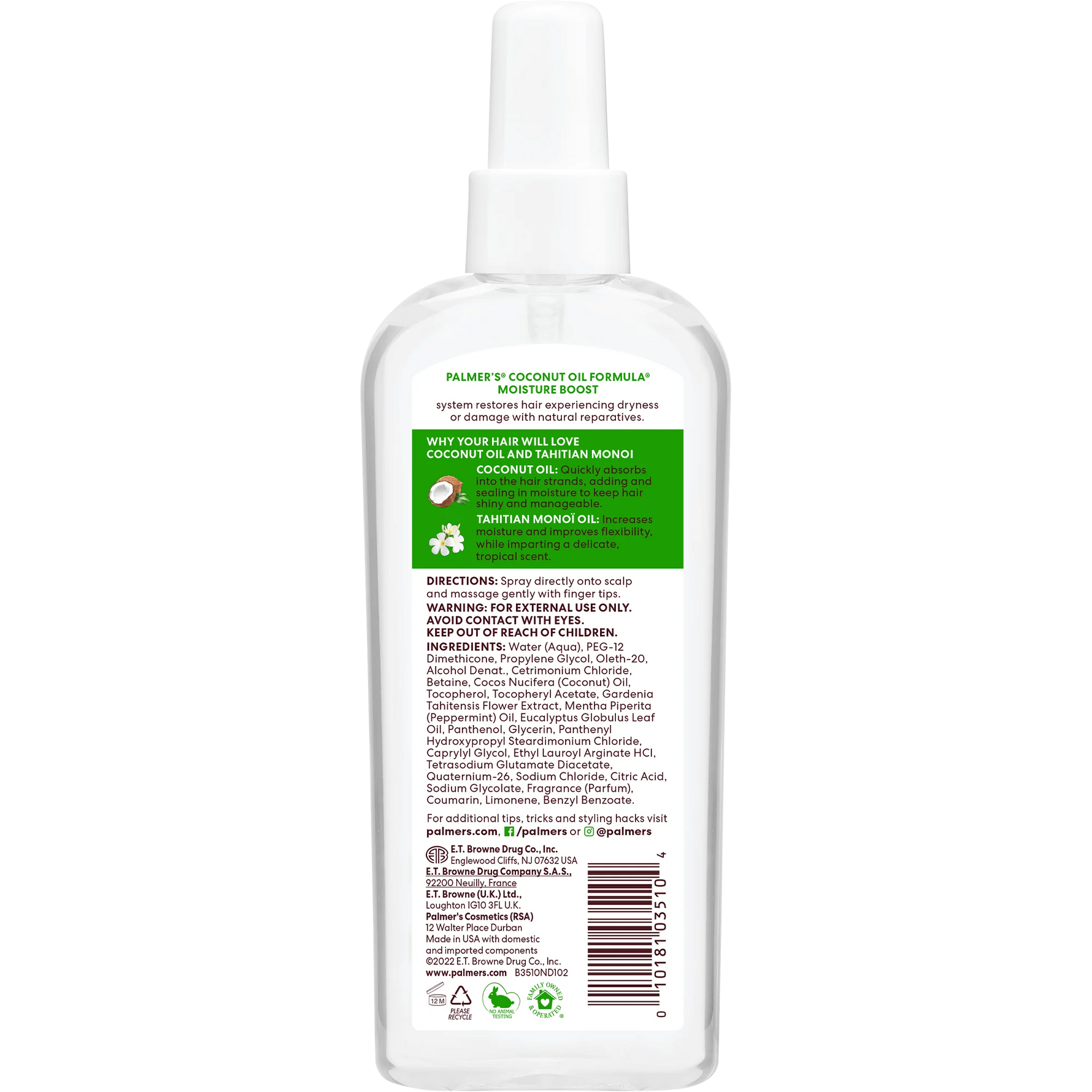 Bottle of Palmer's Coconut Oil Formula with label on a white background