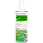 Back view of a bottle with a green label on a white background