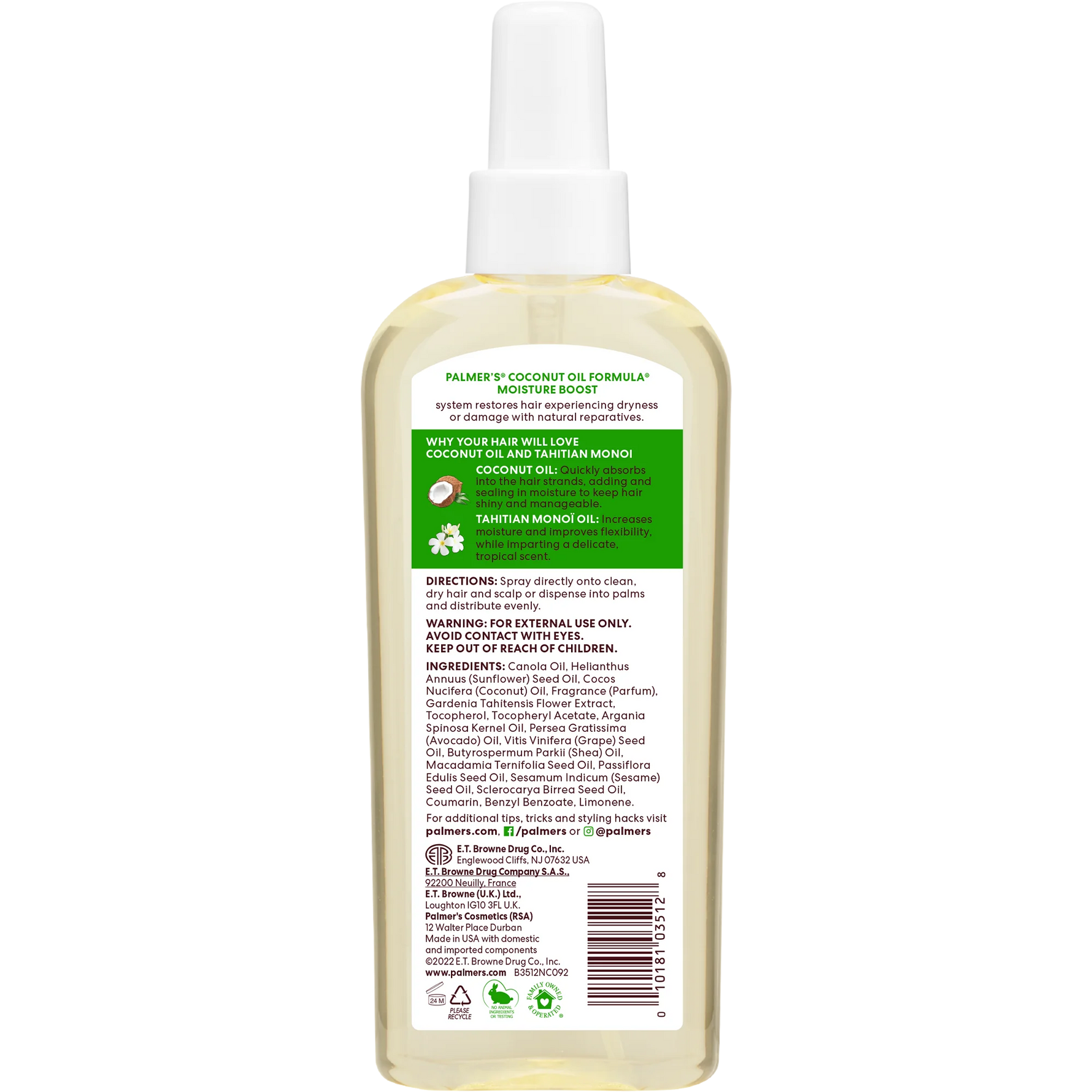 Bottle of Palmer's Coconut Oil Formula with label on a white background