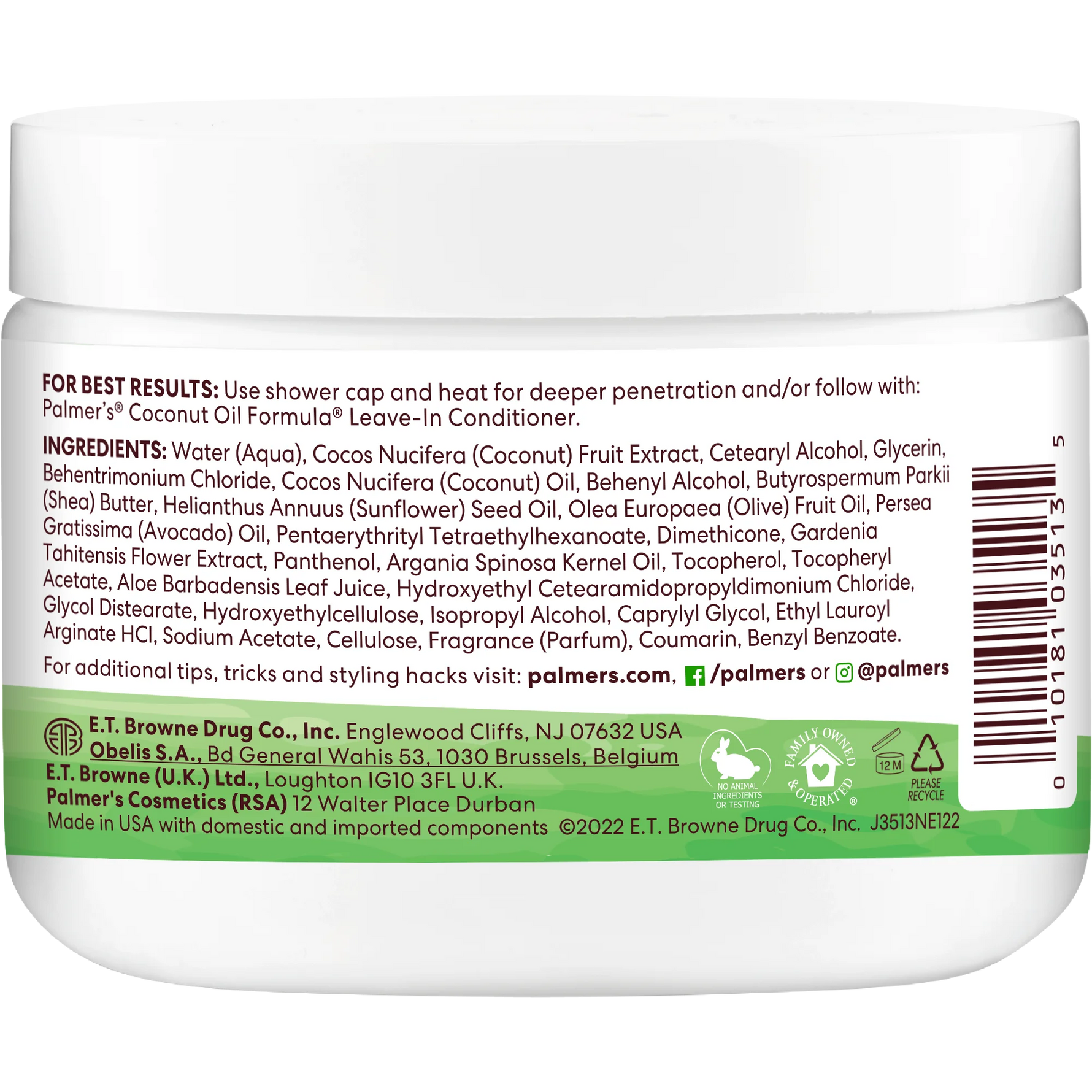 Back of a Palmer's coconut oil formula jar with ingredients list and branding.