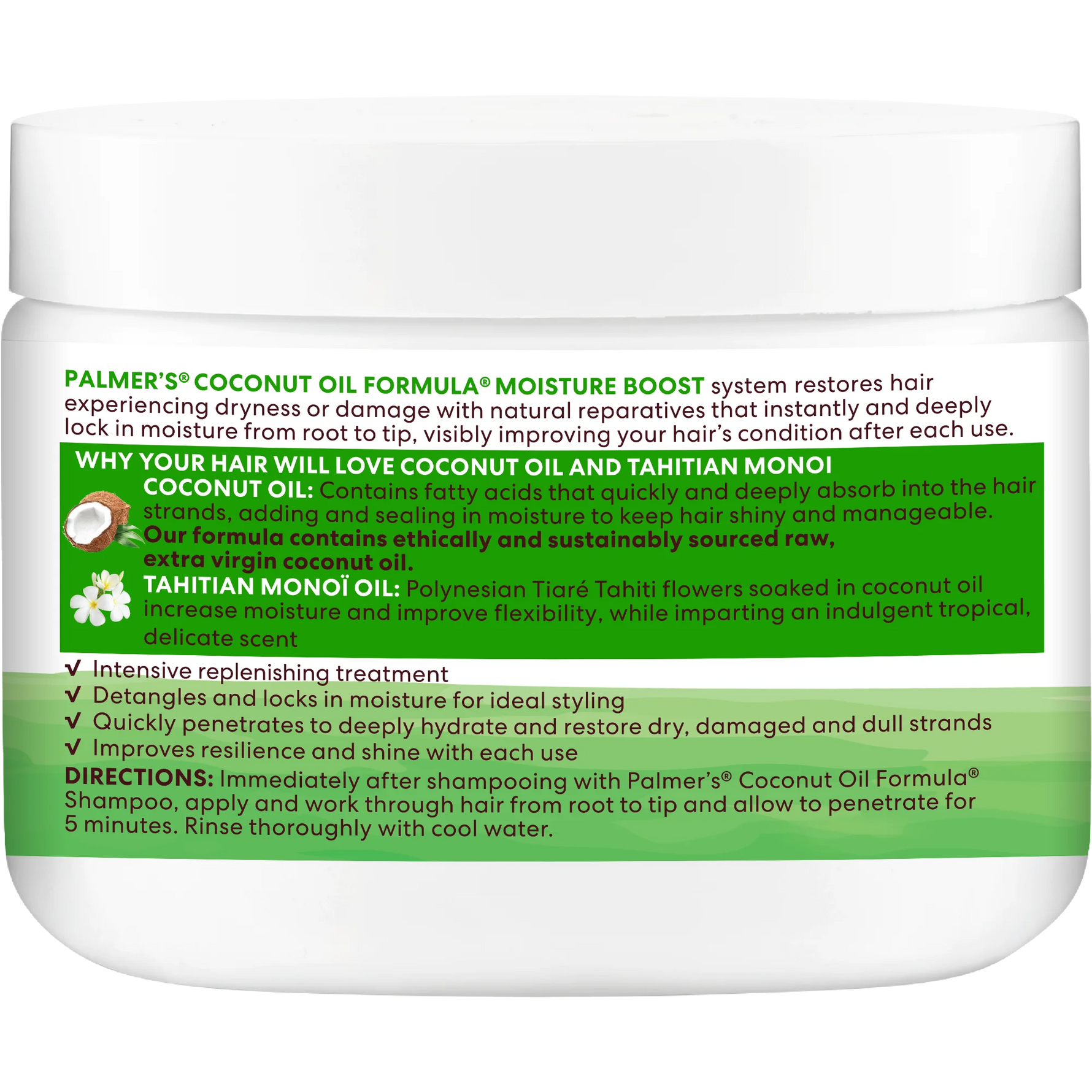 Palmer's Coconut Oil Formula jar with text on a white background