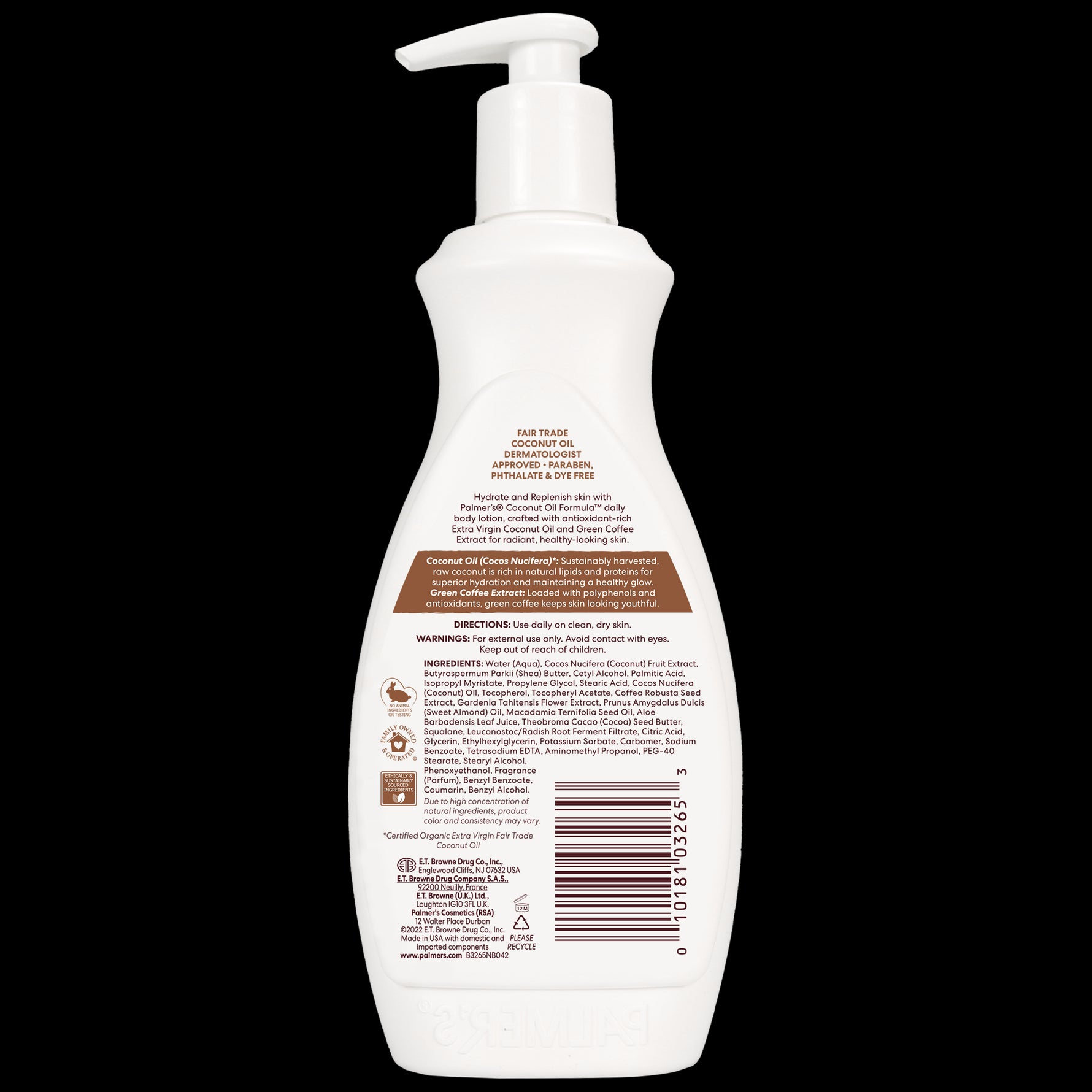 Coconut Hydrate Body Lotion, fair-trade coconut oil, dermatologist approved.