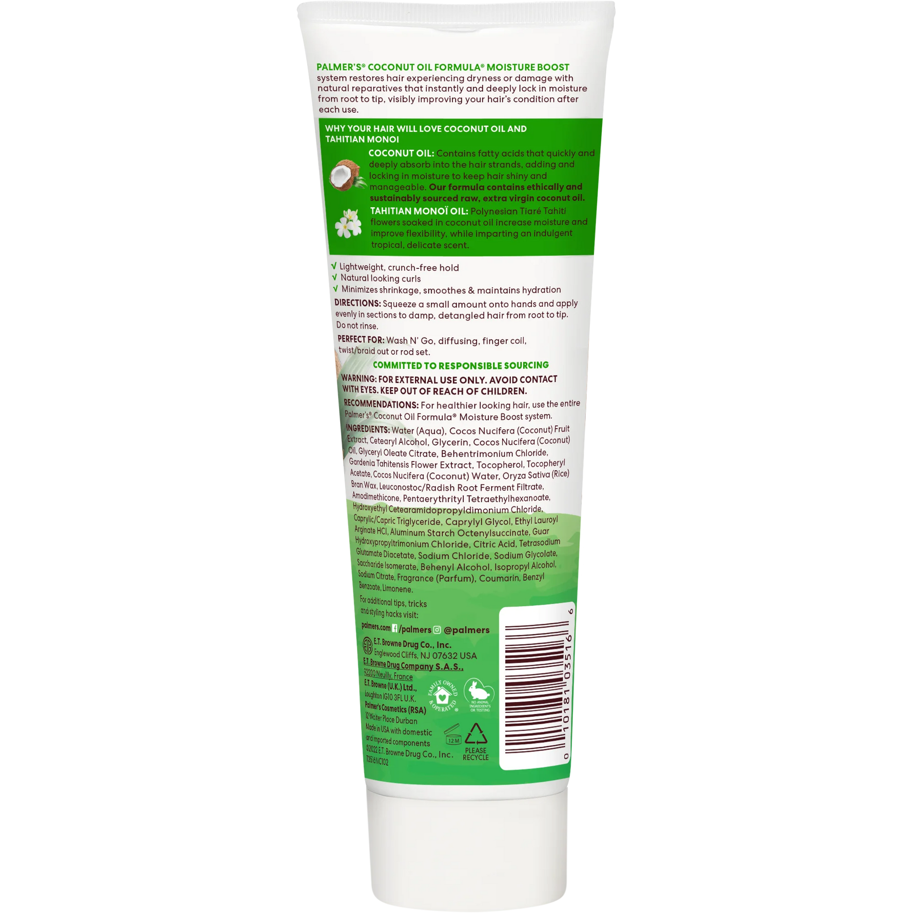 Back view of a Palmer's Coconut Oil Formula tube with text and branding.