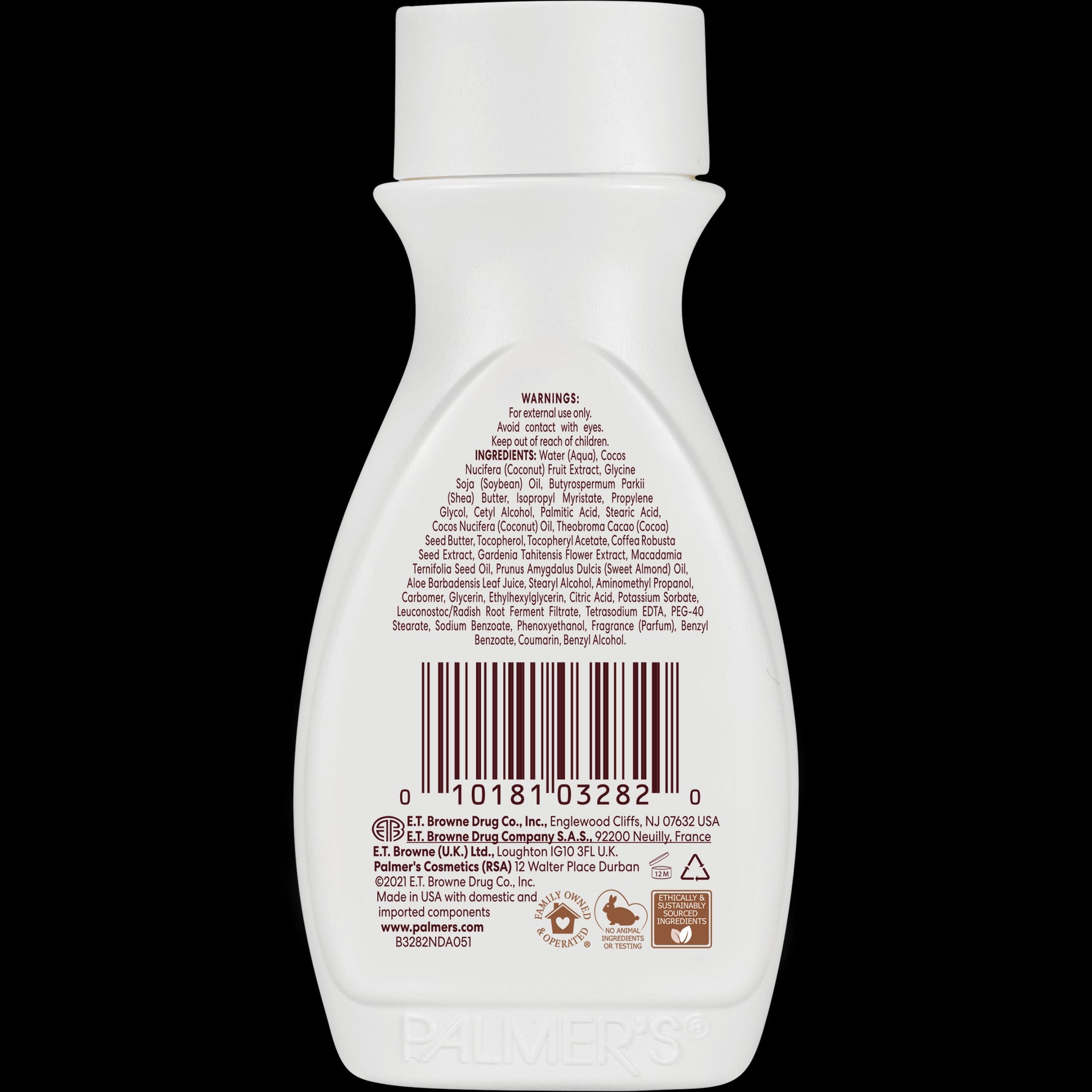 Palmer's Coconut Hydrate Body Lotion back label with ingredients and usage details.