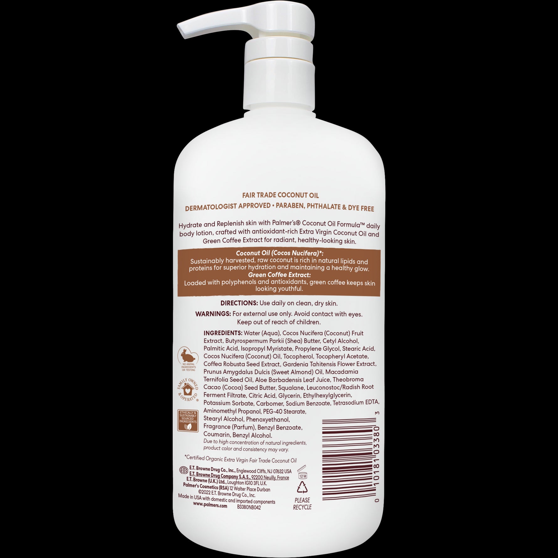 Palmer's Coconut Hydrate Body Lotion back label with usage details.