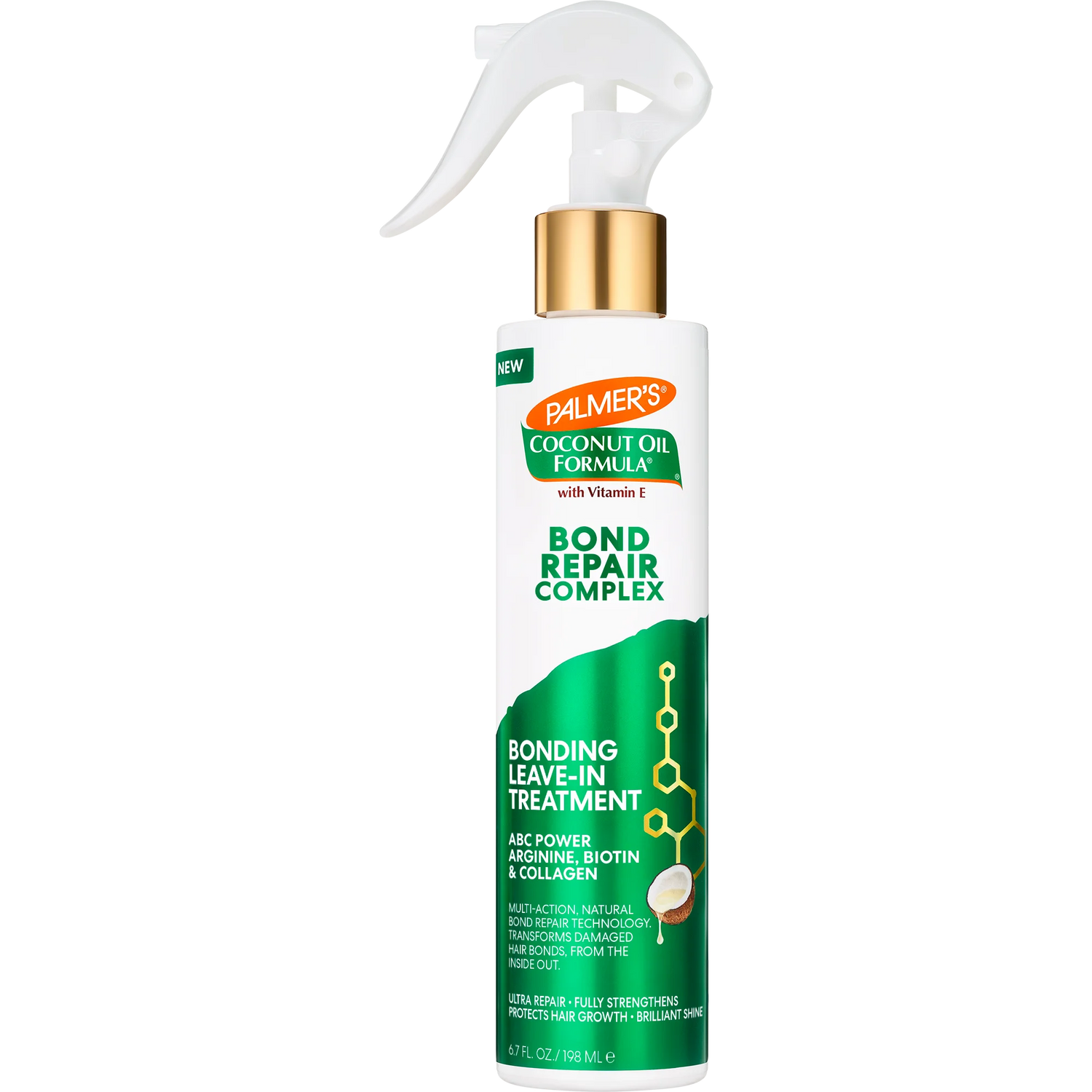 Palmer's Coconut Oil Formula Bond Repair Complex leave-in treatment spray bottle on a white background