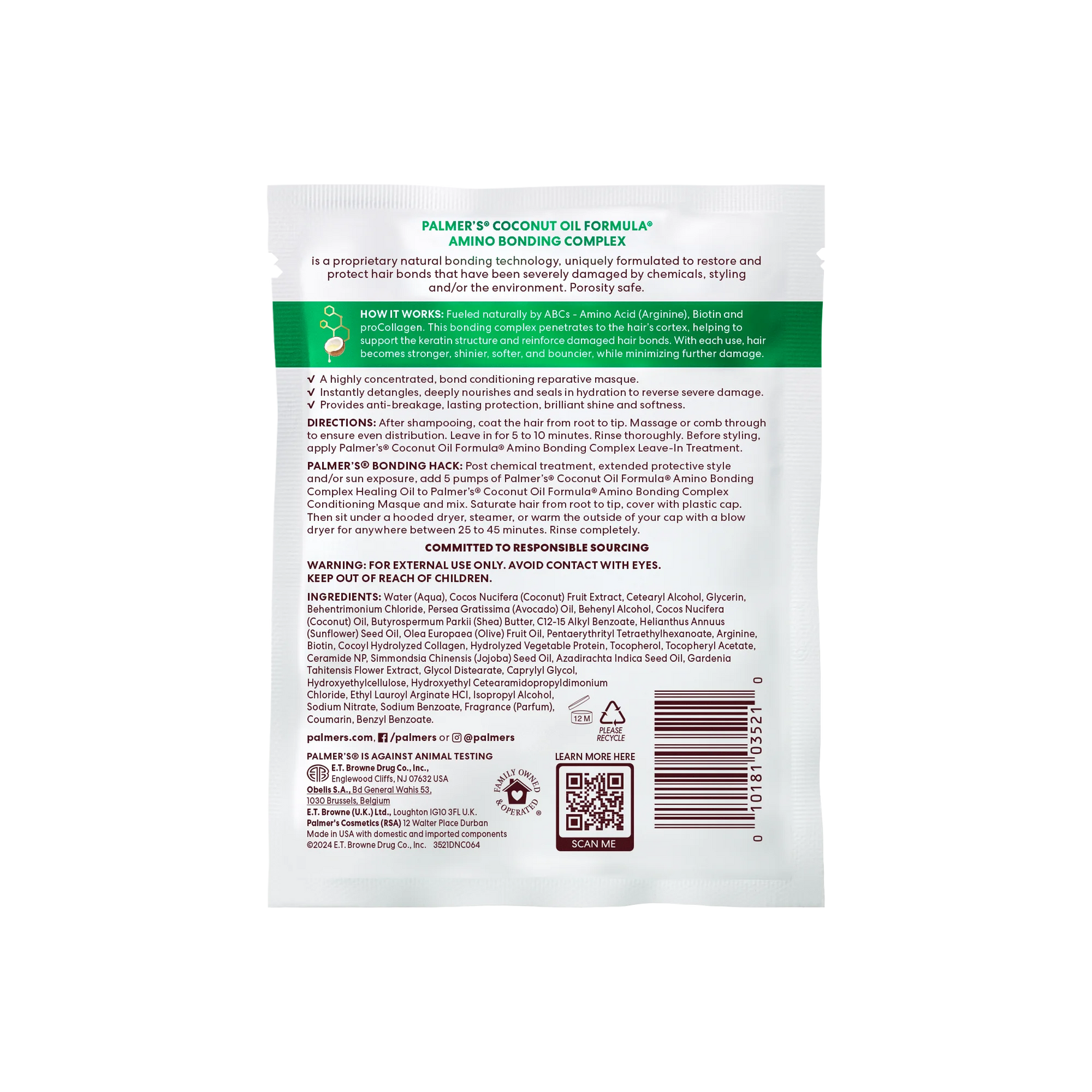 Back of a Palmer's Coconut Oil Formula hair care product packaging with text and QR code.