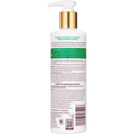 Back view of a cosmetic bottle with text and branding on a white background