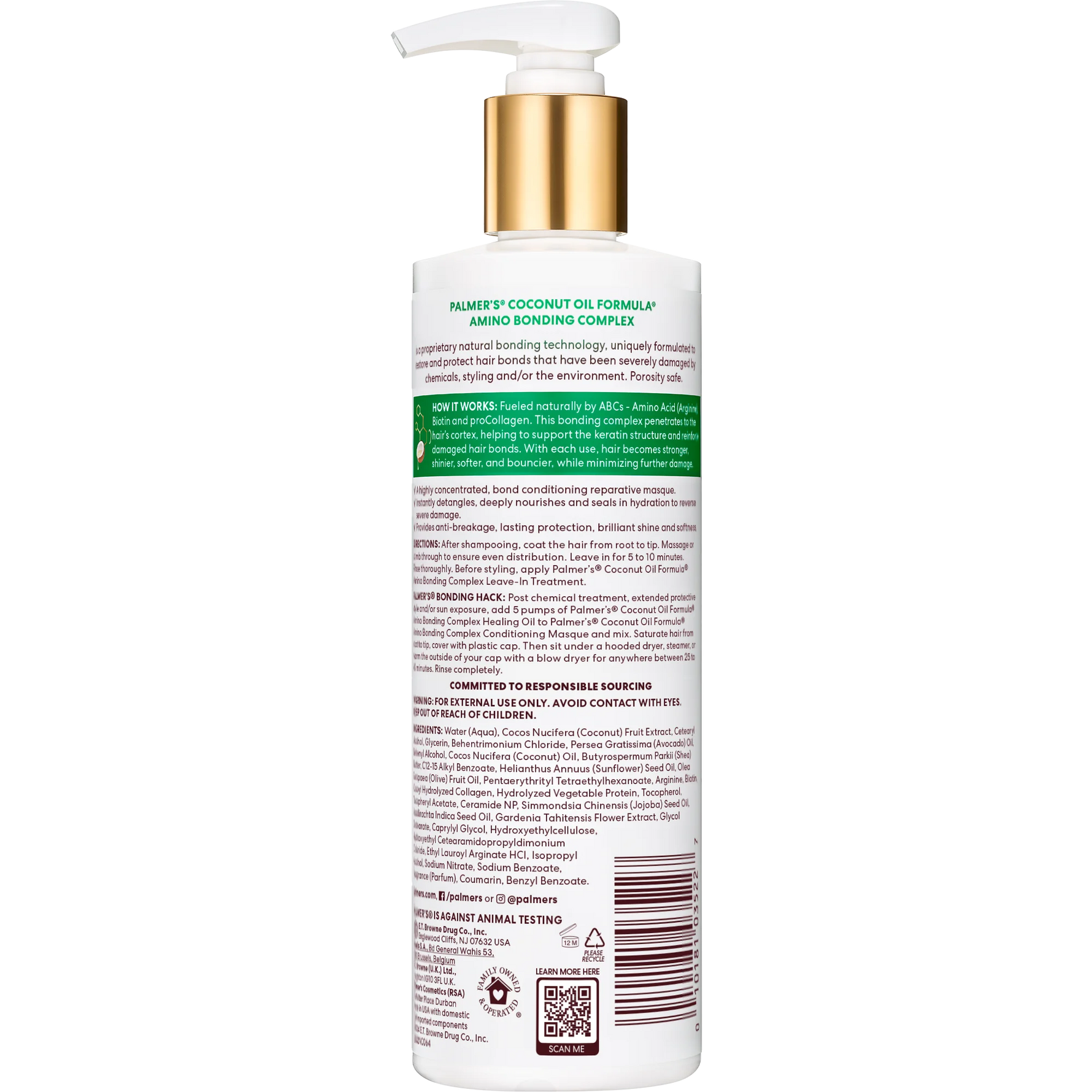 Back view of a cosmetic bottle with text and branding on a white background