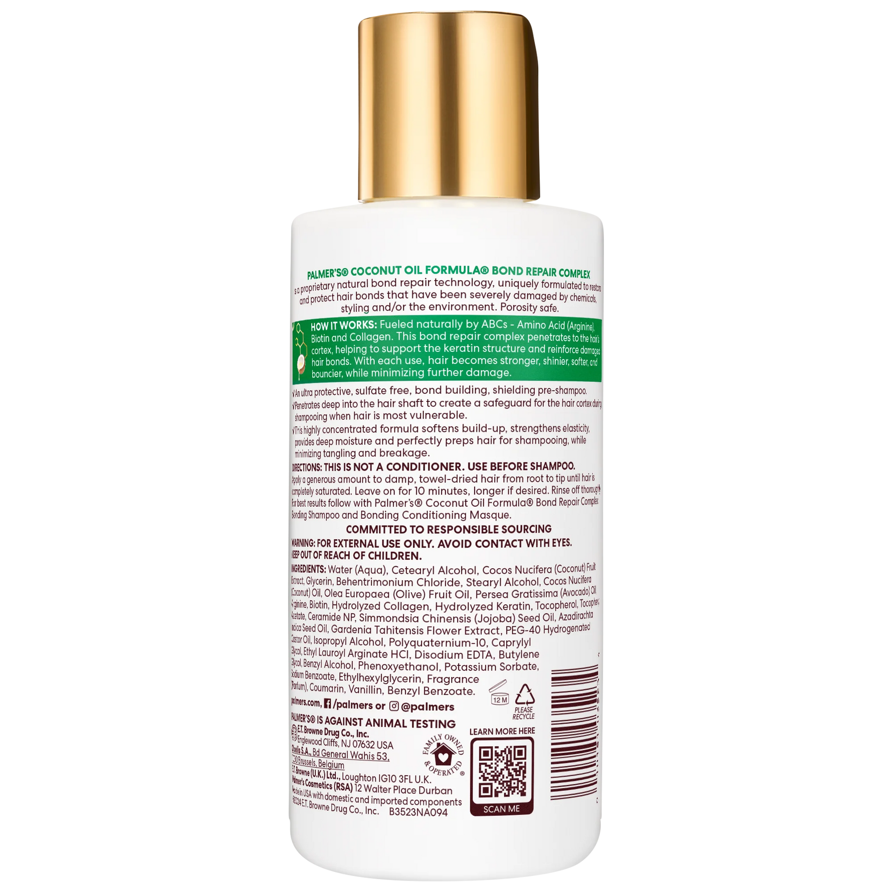 Back label of a hair care product with gold cap on a white background