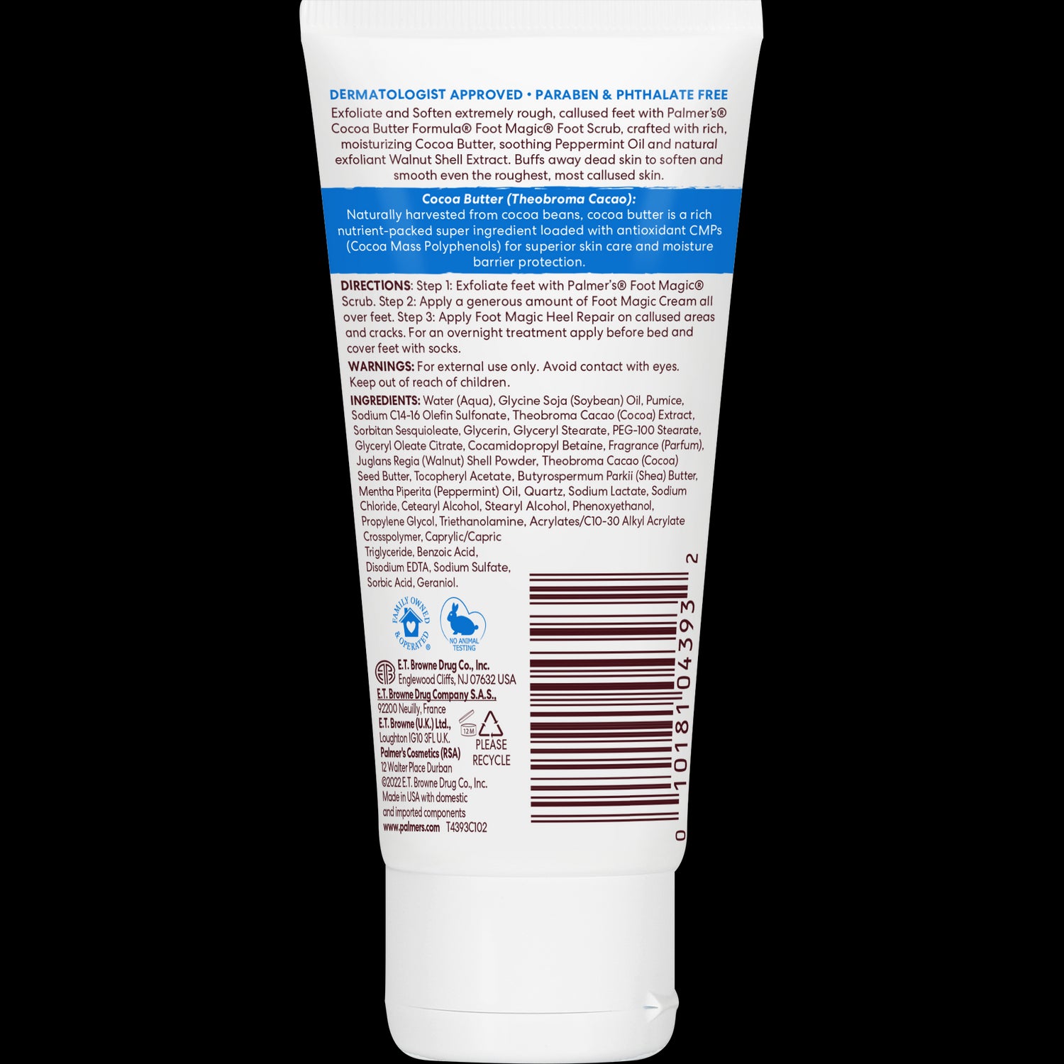 Back of Palmer’s Foot Magic Scrub tube with usage instructions.