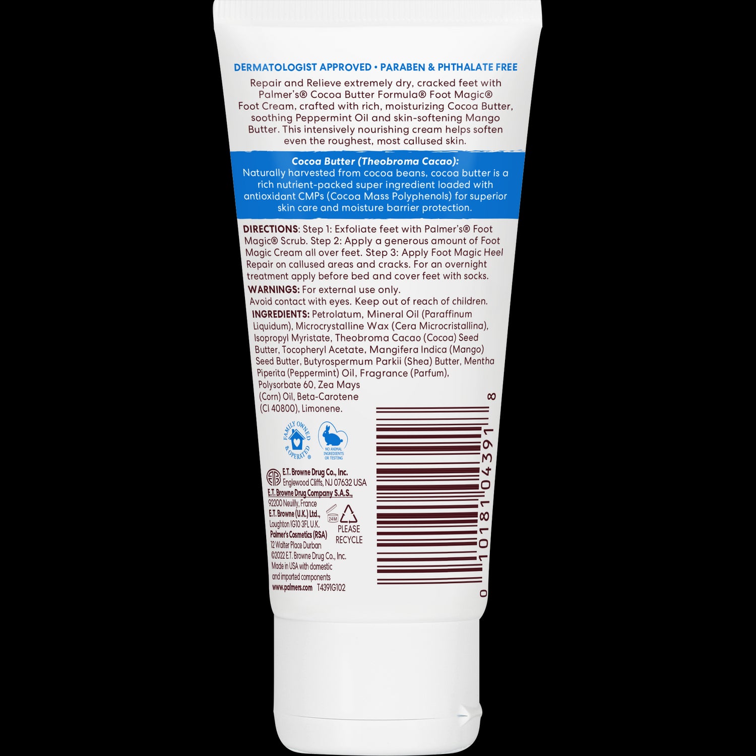 Back view of a tube of Palmer's Cocoa Butter Formula foot cream with text and branding.
