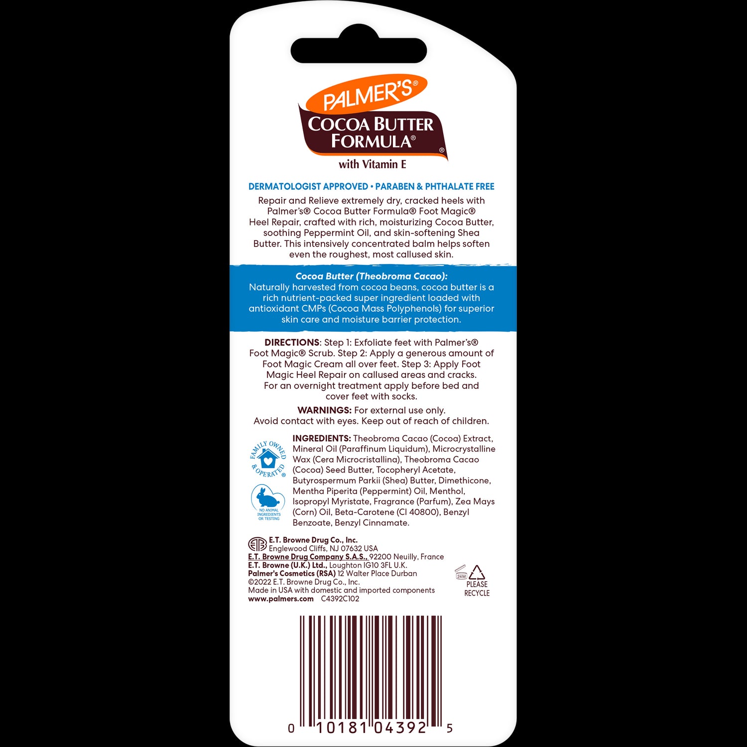 Back panel of Palmer’s Cocoa Butter Formula® Heel Repair blister-pack.