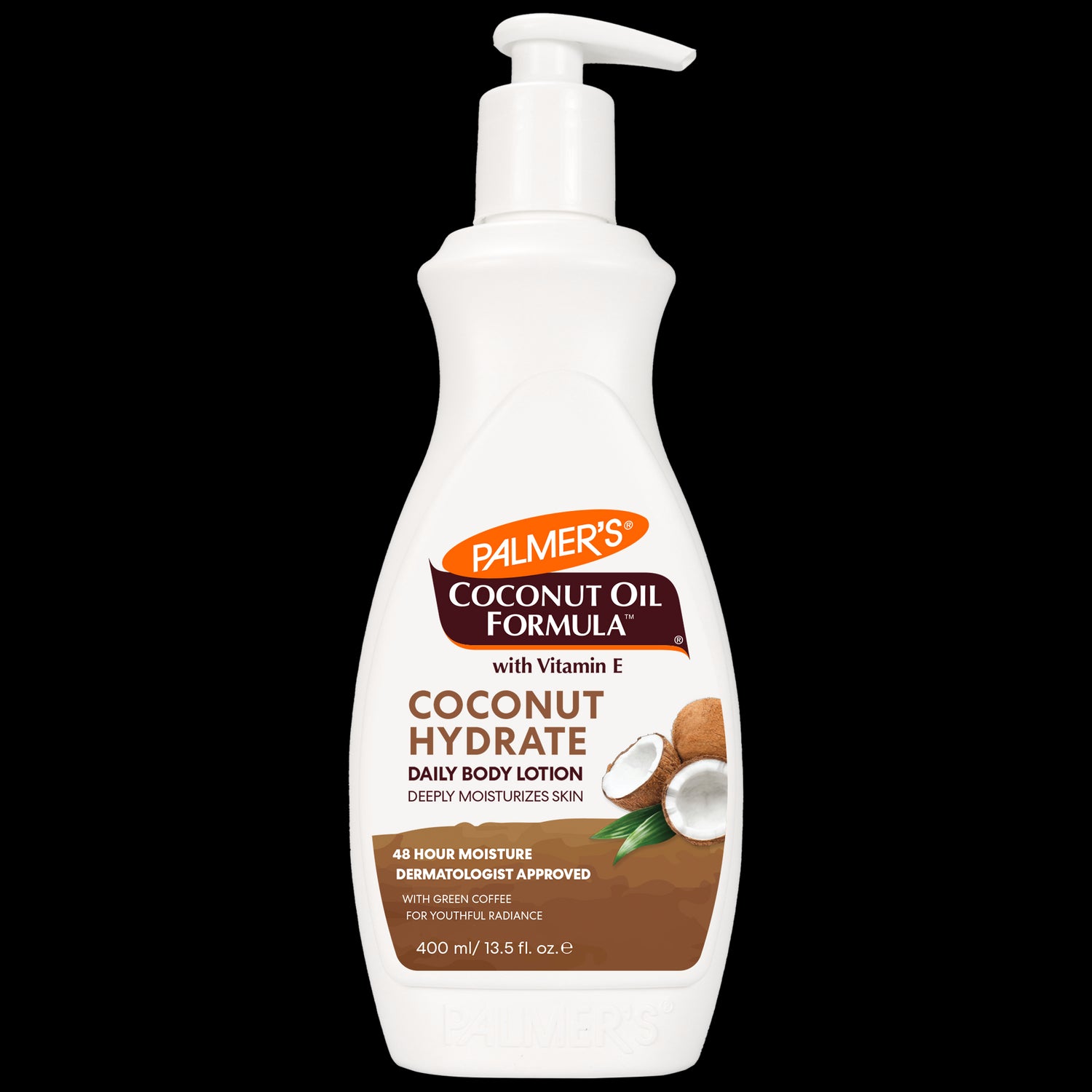 Palmer's Coconut Hydrate Body Lotion, 400 mL pump bottle, dermatologist-approved.
