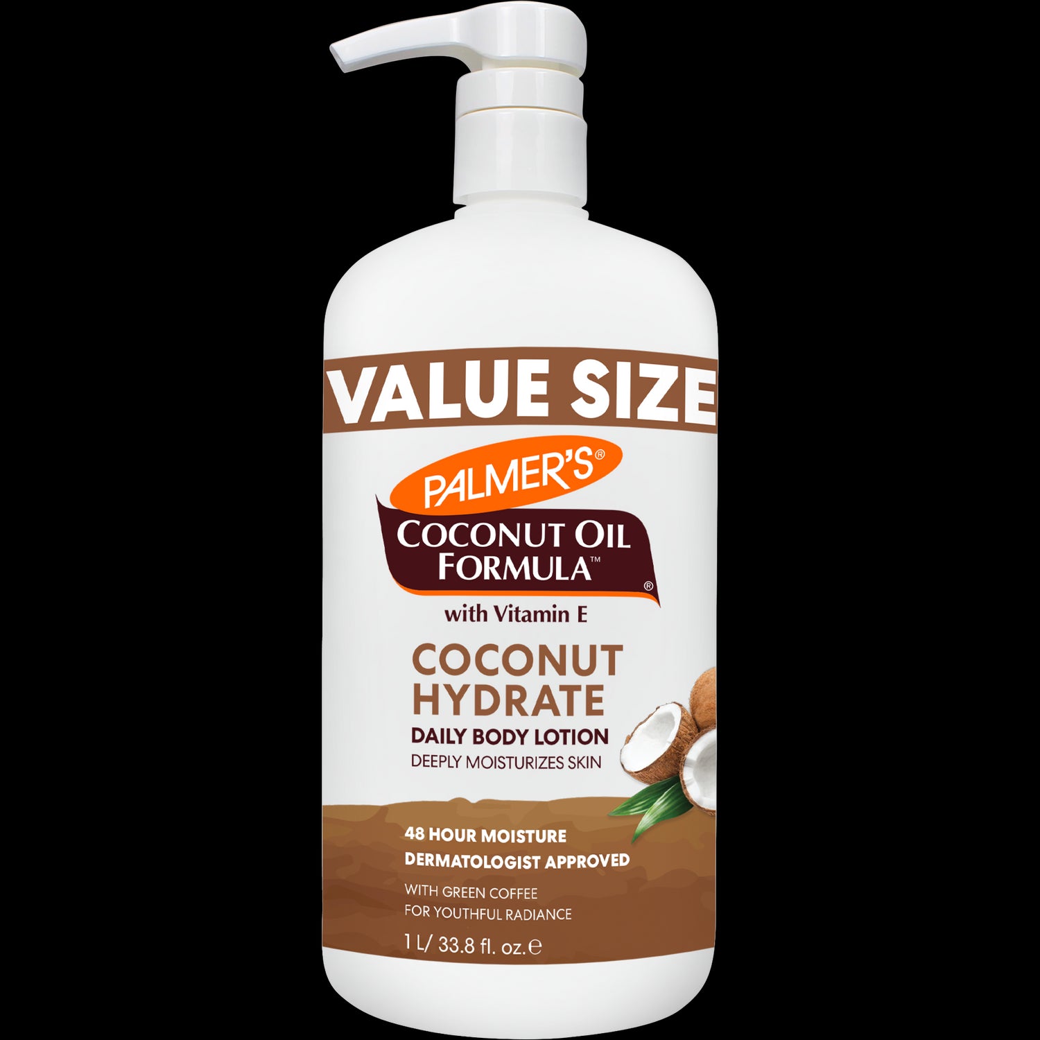Coconut Hydrate Body Lotion, 1L pump bottle, 48-hour moisture, dermatologist approved.