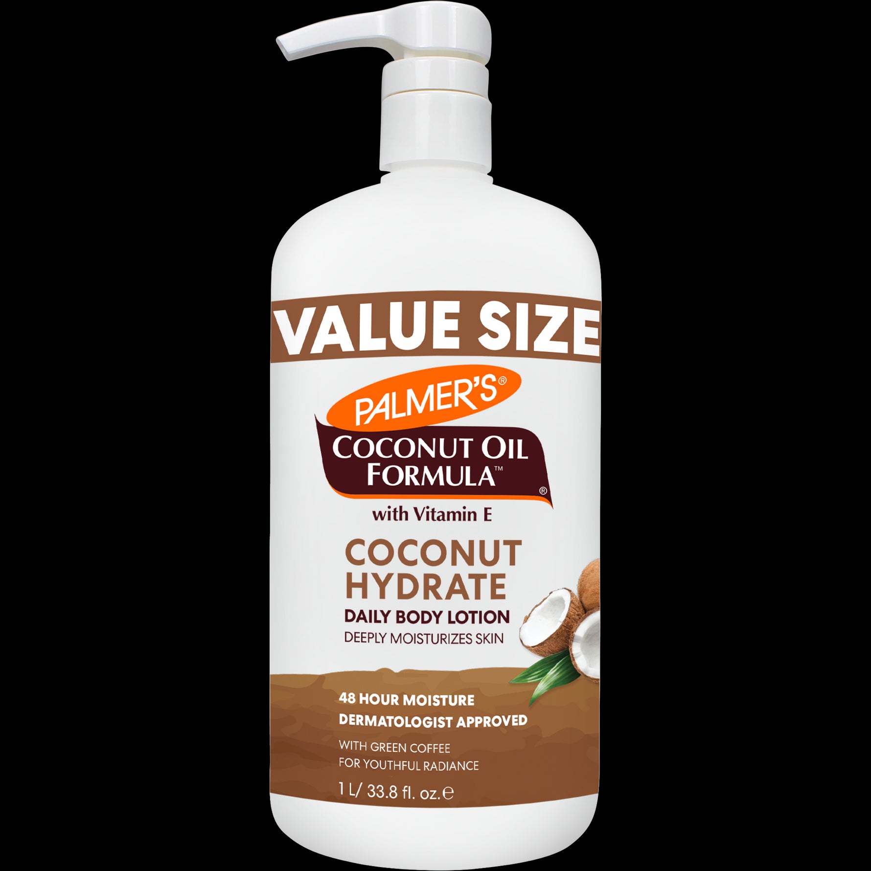 Coconut Hydrate Body Lotion, 1L pump bottle, 48-hour moisture, dermatologist approved.