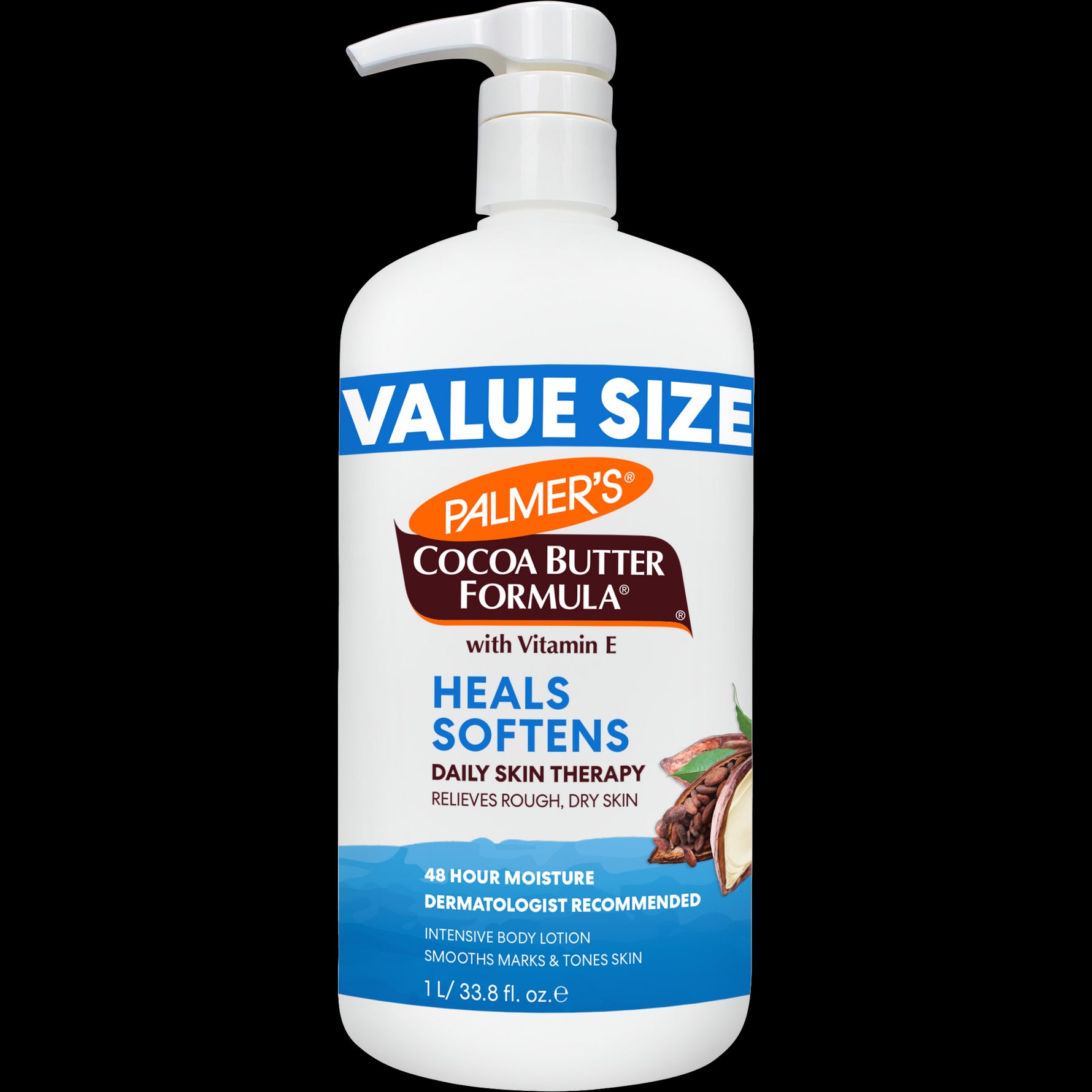 Daily Skin Therapy Cocoa Butter Body Lotion, 1L bottle with pump.