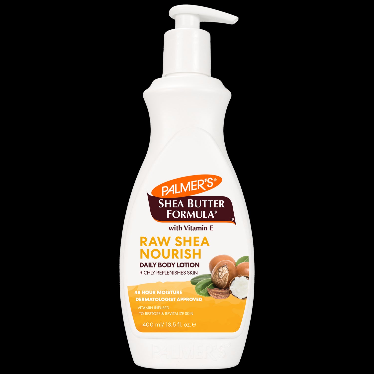Raw Shea Nourish Body Lotion, 400 ml pump bottle, dermatologist-approved.