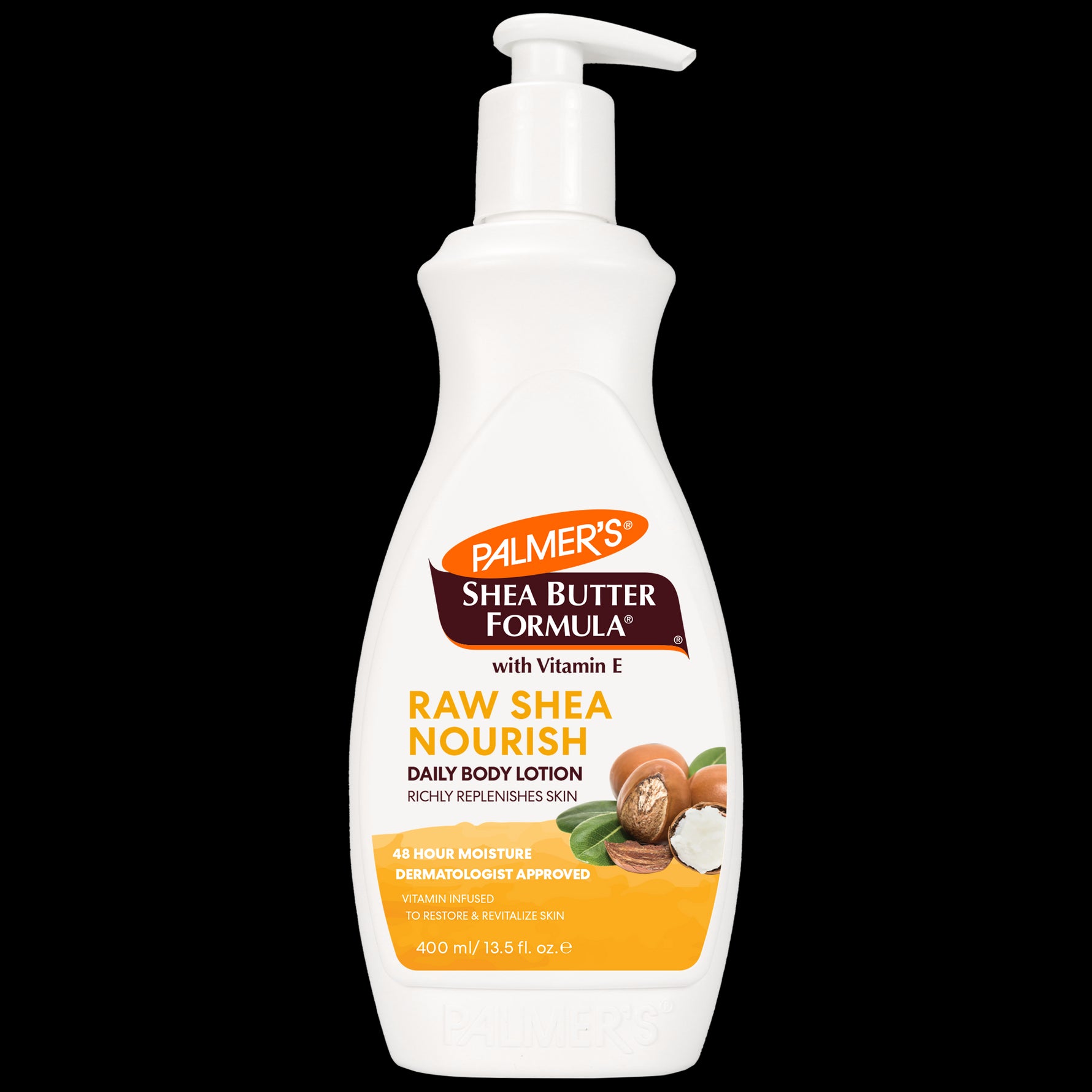 Raw Shea Nourish Body Lotion, 400 ml pump bottle, dermatologist-approved.