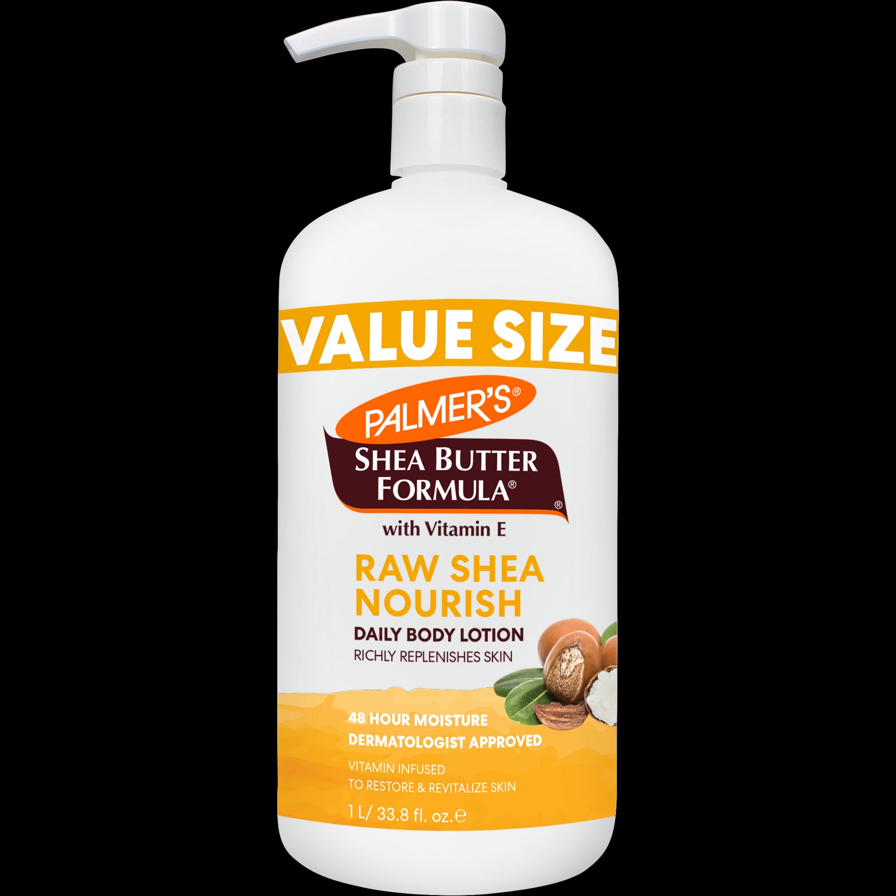 Palmer’s Raw Shea Nourish Body Lotion, 1L pump bottle, 48-hour moisture.