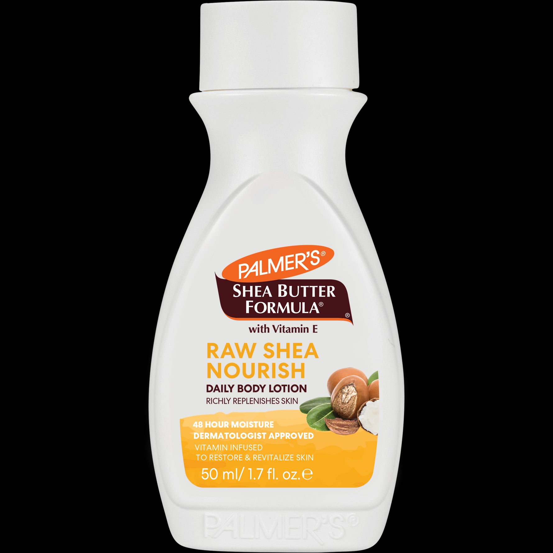 Raw Shea Nourish Body Lotion bottle with shea nuts illustration.