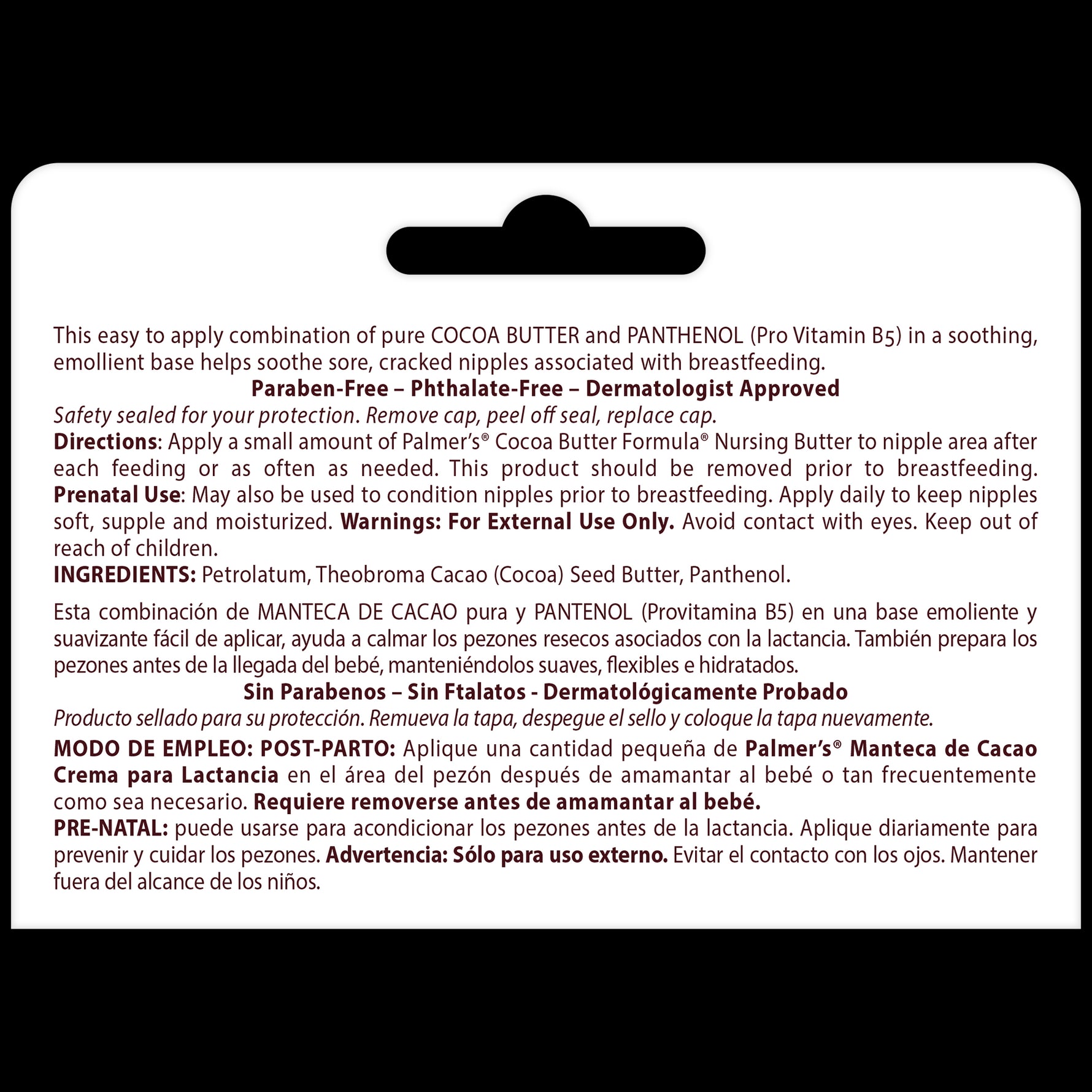 Nursing Butter Nipple Cream package back detailing ingredients and usage.
