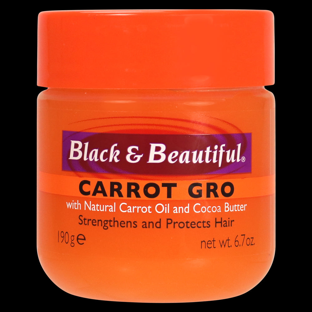 Black & Beautiful® Carrot Gro hair treatment jar with carrot oil label.