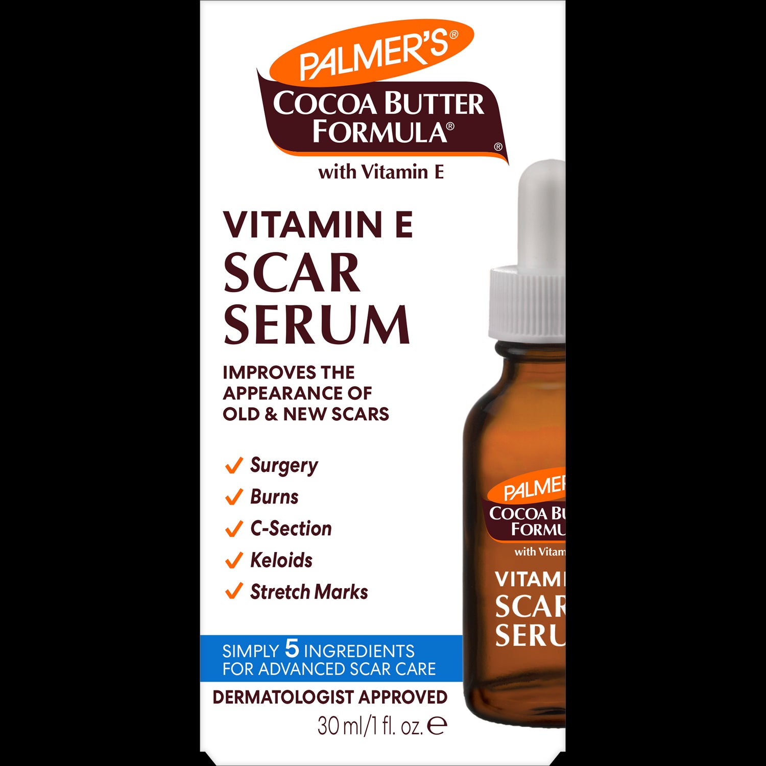 Palmer’s Scar Serum box with claims and visible dropper bottle.