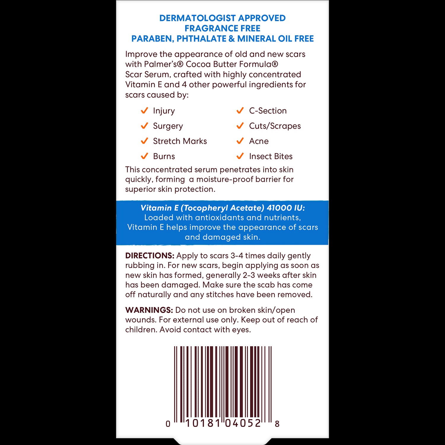 Palmer’s® Scar Serum package detailing features and application instructions.