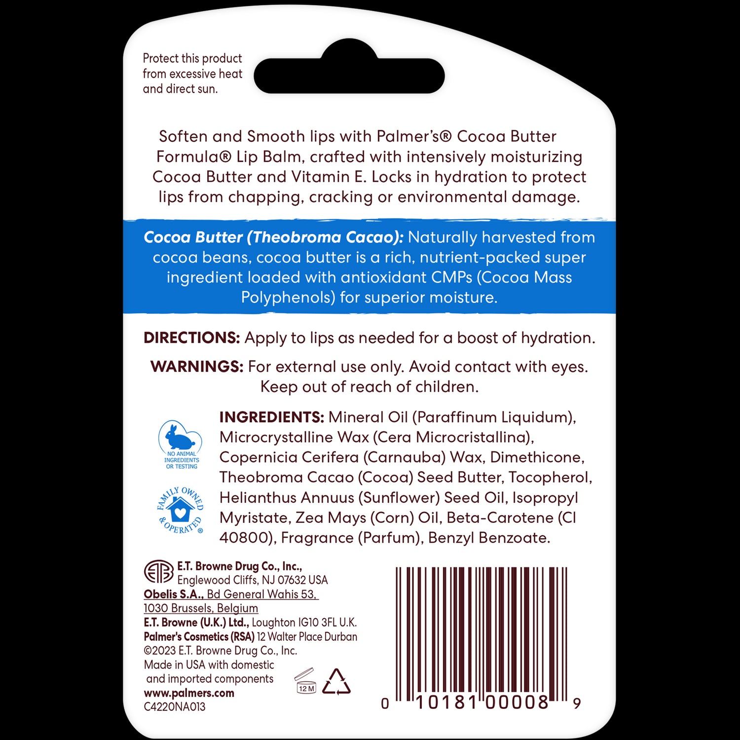 Original Ultra Moisturizing Lip Balm package back detailing ingredients and usage.