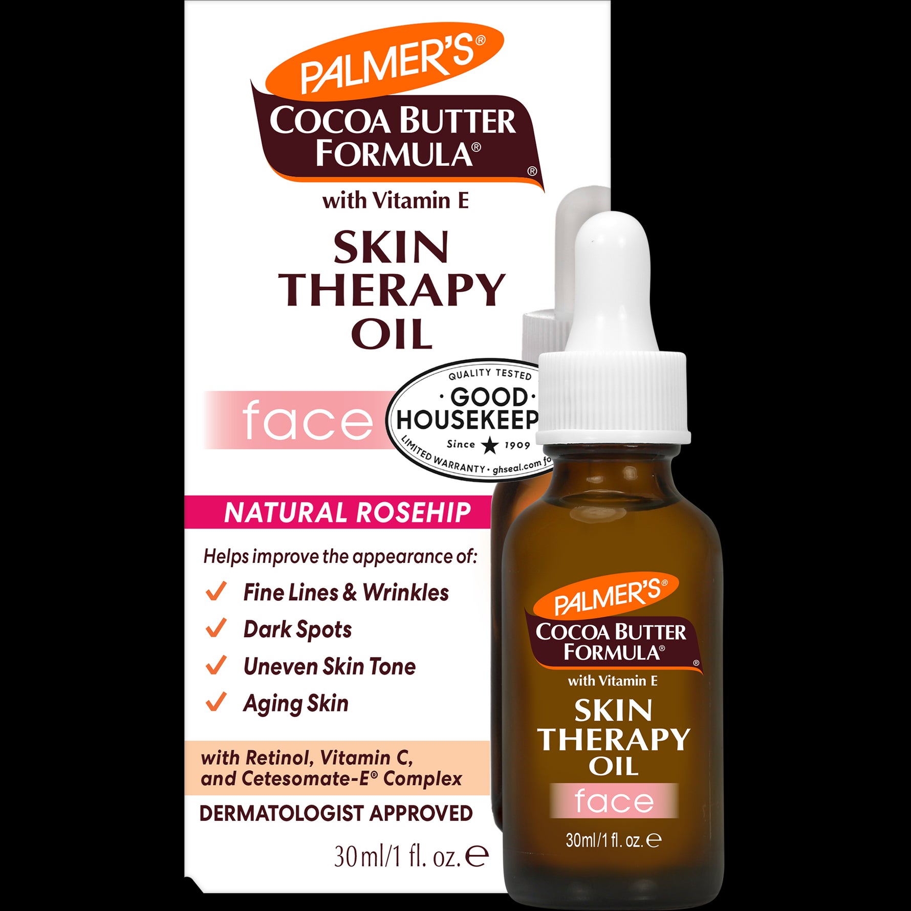 Palmer’s Skin Therapy Face Oil packaging and dropper bottle.