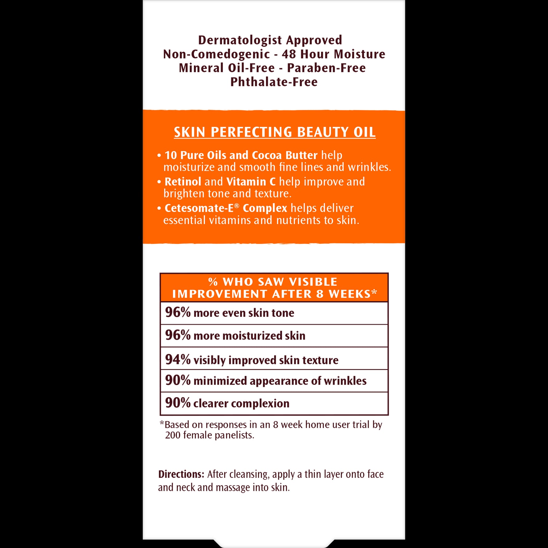 Skin Therapy Face Oil back label detailing benefits and clinical results.