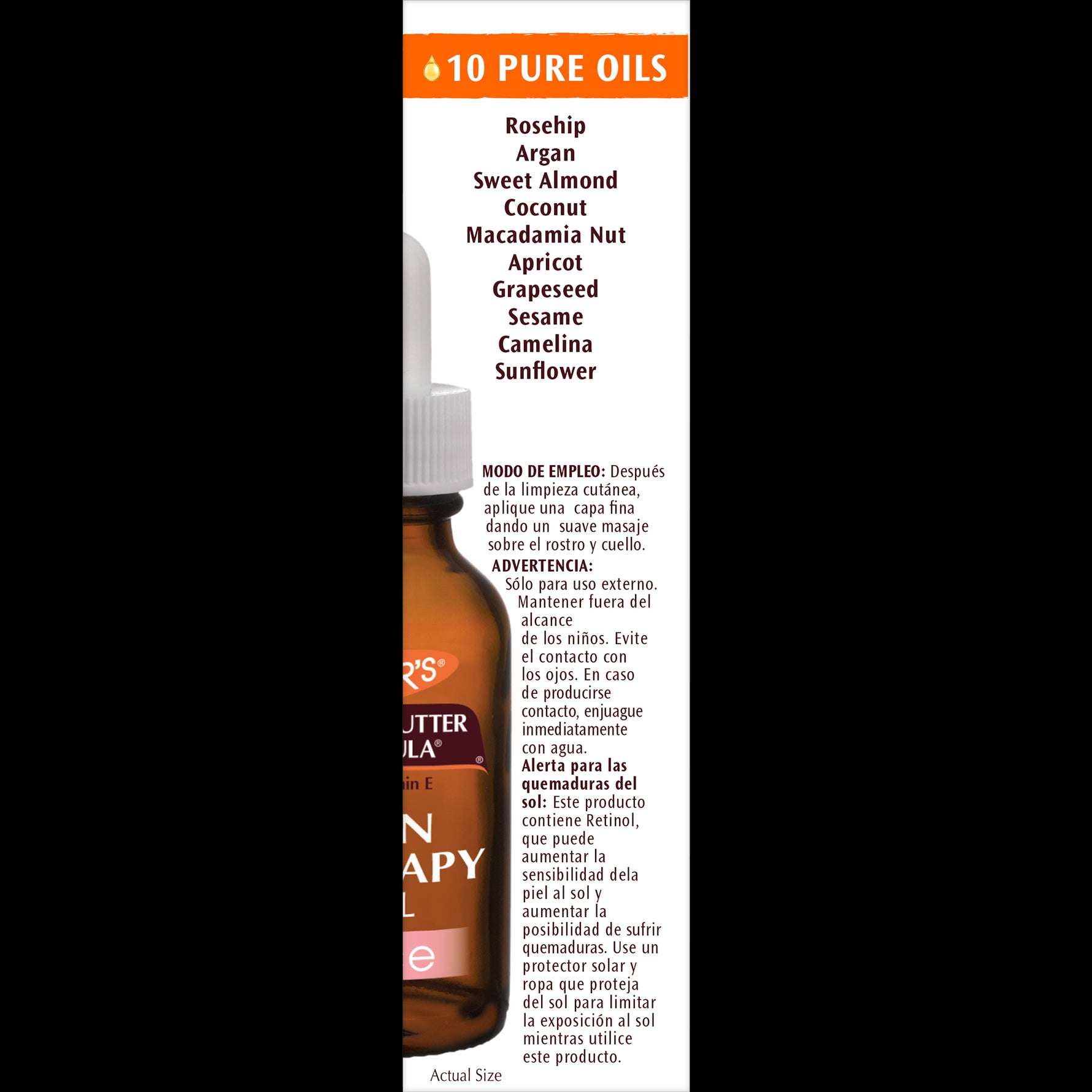 Skin Therapy Face Oil label showcasing 10 pure plant oils and usage instructions.