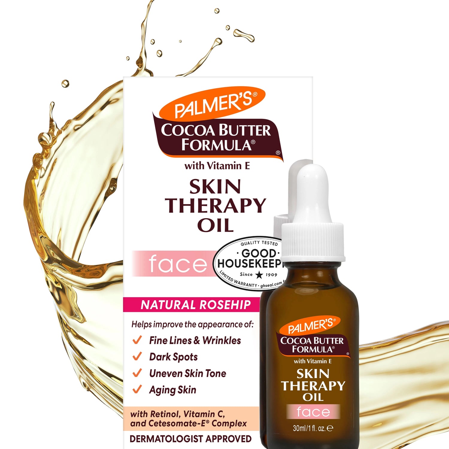 Palmer’s Skin Therapy Face Oil bottle and packaging with key benefits.
