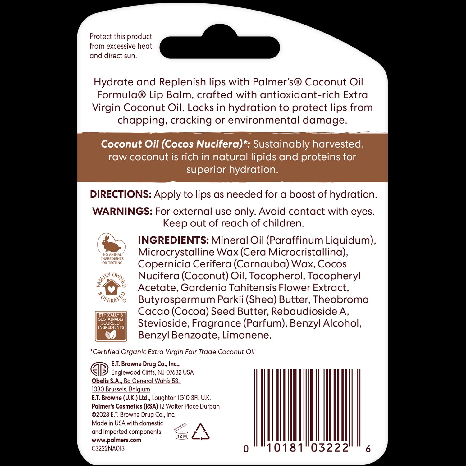 Coconut Hydrate Lip Balm back panel with product details and ingredients.
