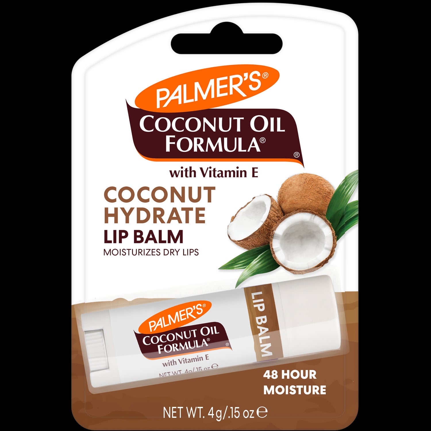 Palmer’s Coconut Hydrate Lip Balm in blister pack with coconut image.