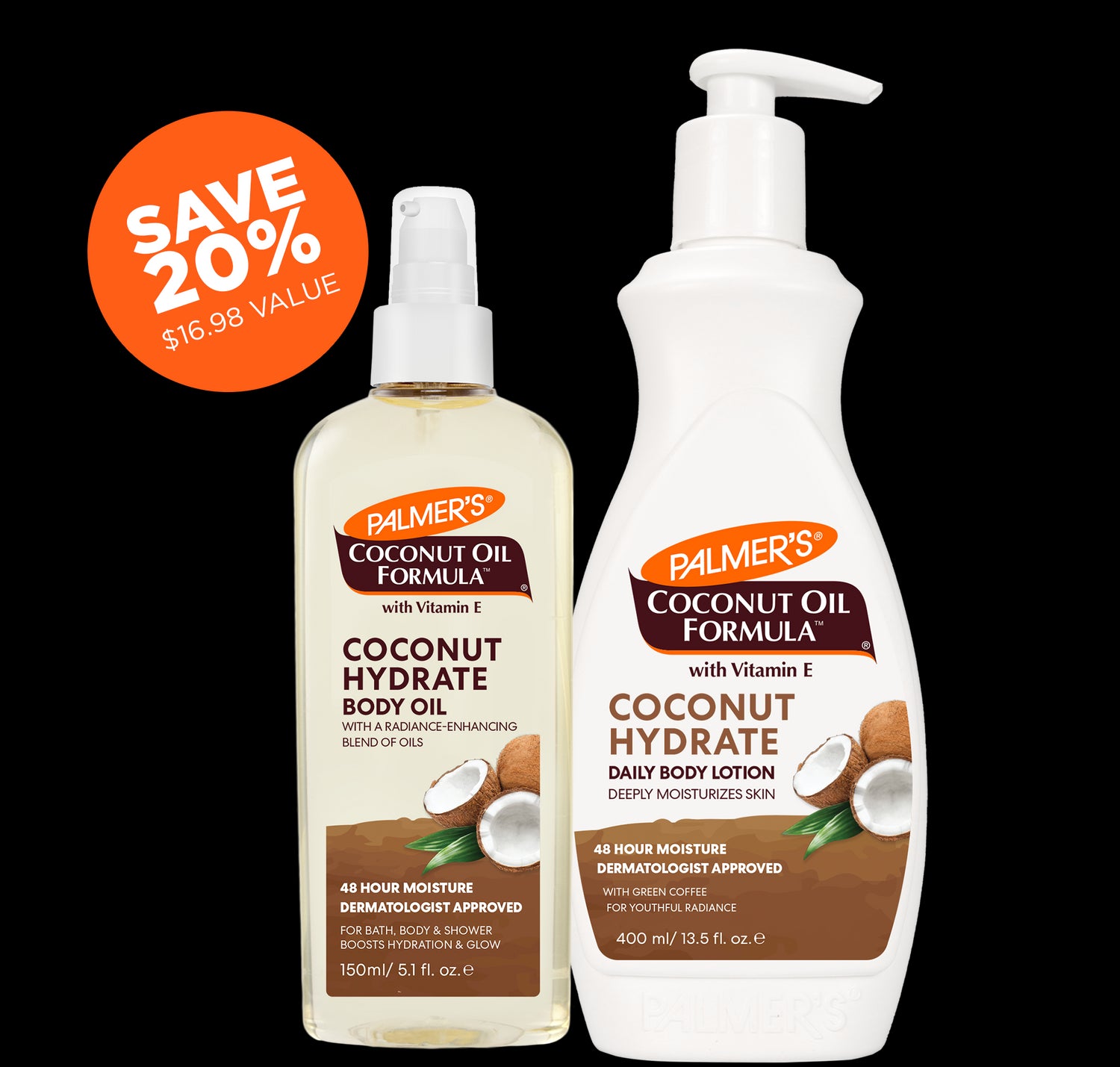 Coconut Oil Body Care Bundle: Hydrate Body Oil and Daily Lotion.
