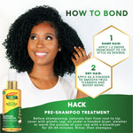 Model with shiny hair holding Palmer's Amino Bonding Complex Oil.