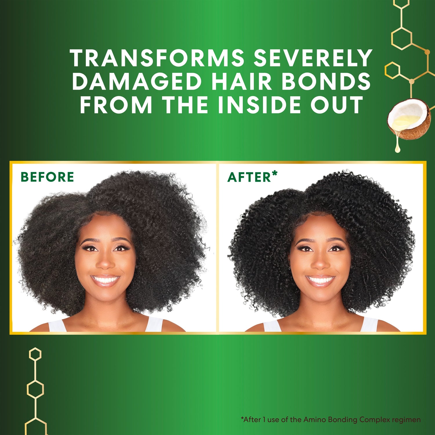 Amino Bonding Complex Leave-In Treatment transforms frizzy hair to shiny.