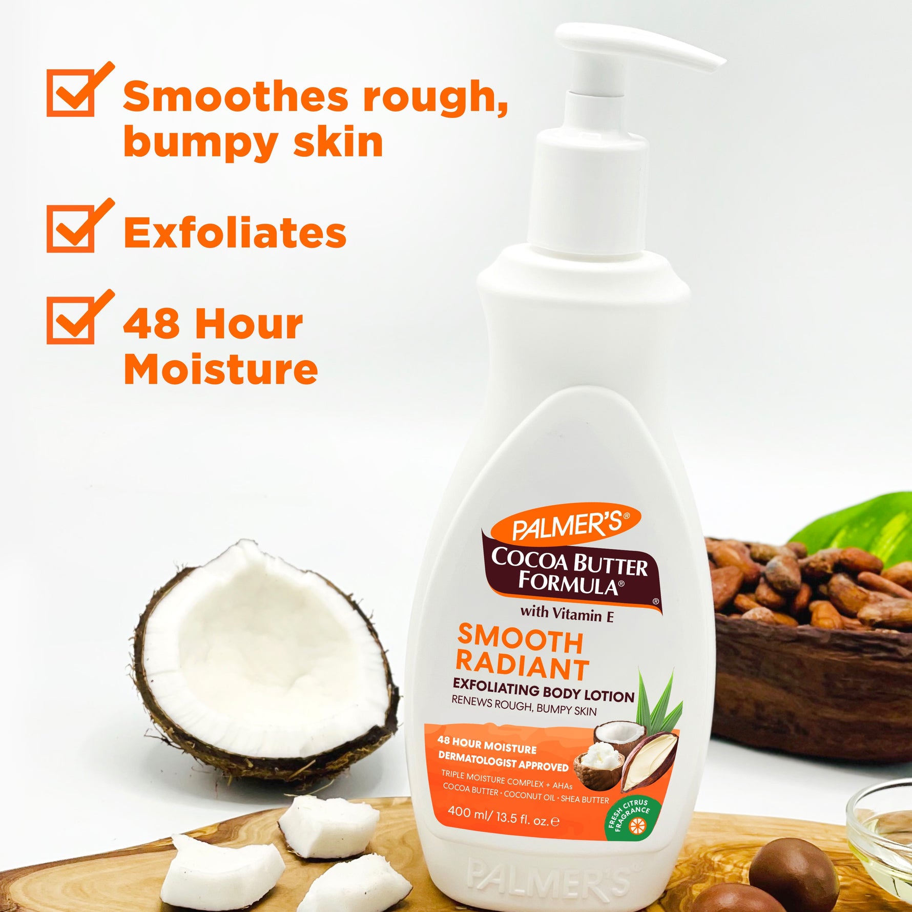 Palmer’s Smooth & Radiant Exfoliating Body Lotion with natural ingredients.